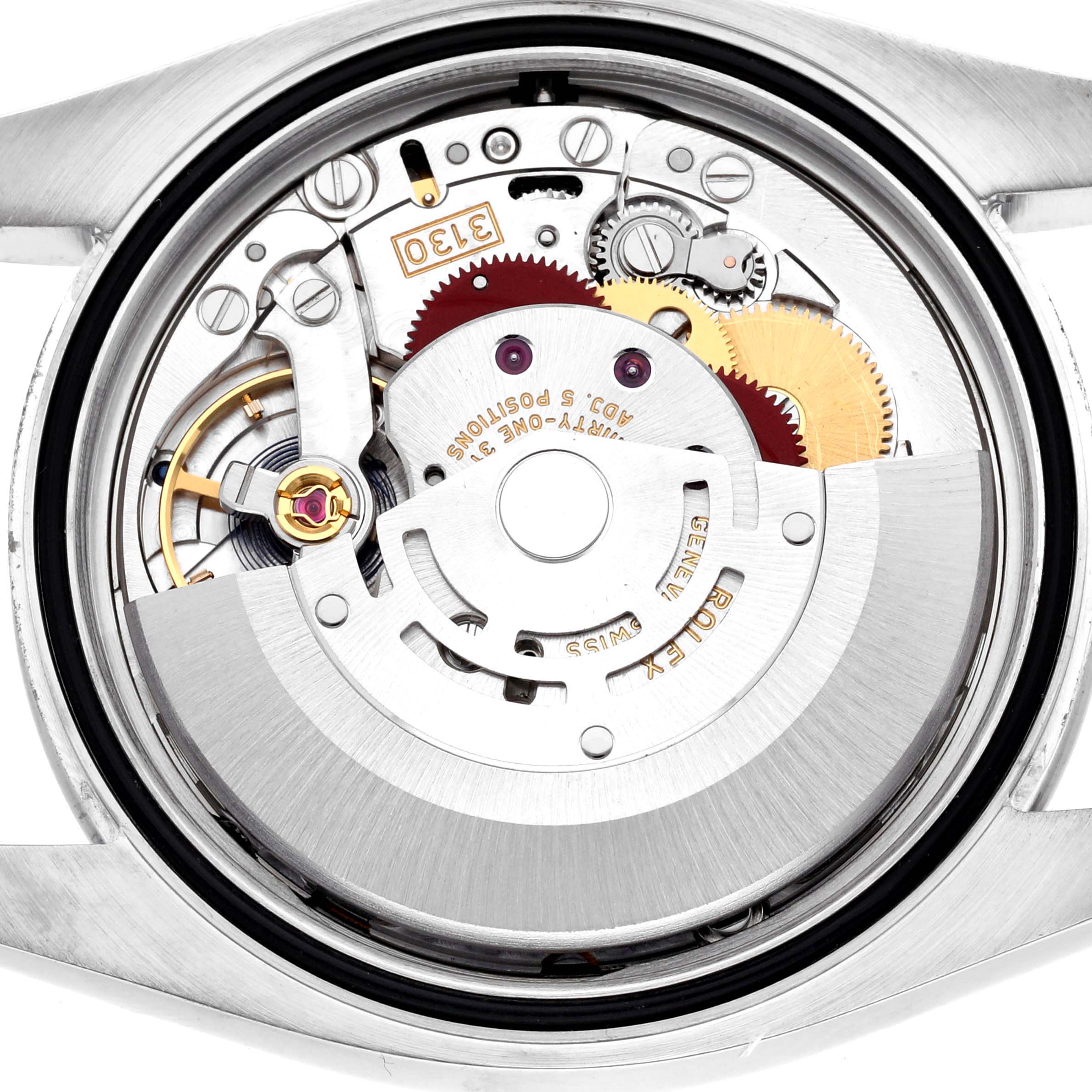 The image shows the internal mechanism of a Rolex Oyster Perpetual 116000 Men's Stainless Steel Black Dial watch from a top-down view, revealing gears and the rotor.