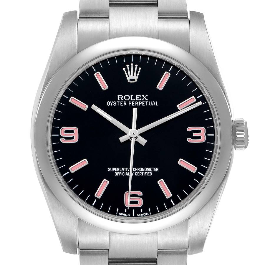 The Rolex Oyster Perpetual 116000 Men's Stainless Steel Black Dial watch is shown front-facing, highlighting its dial, bezel, crown, and part of the bracelet.