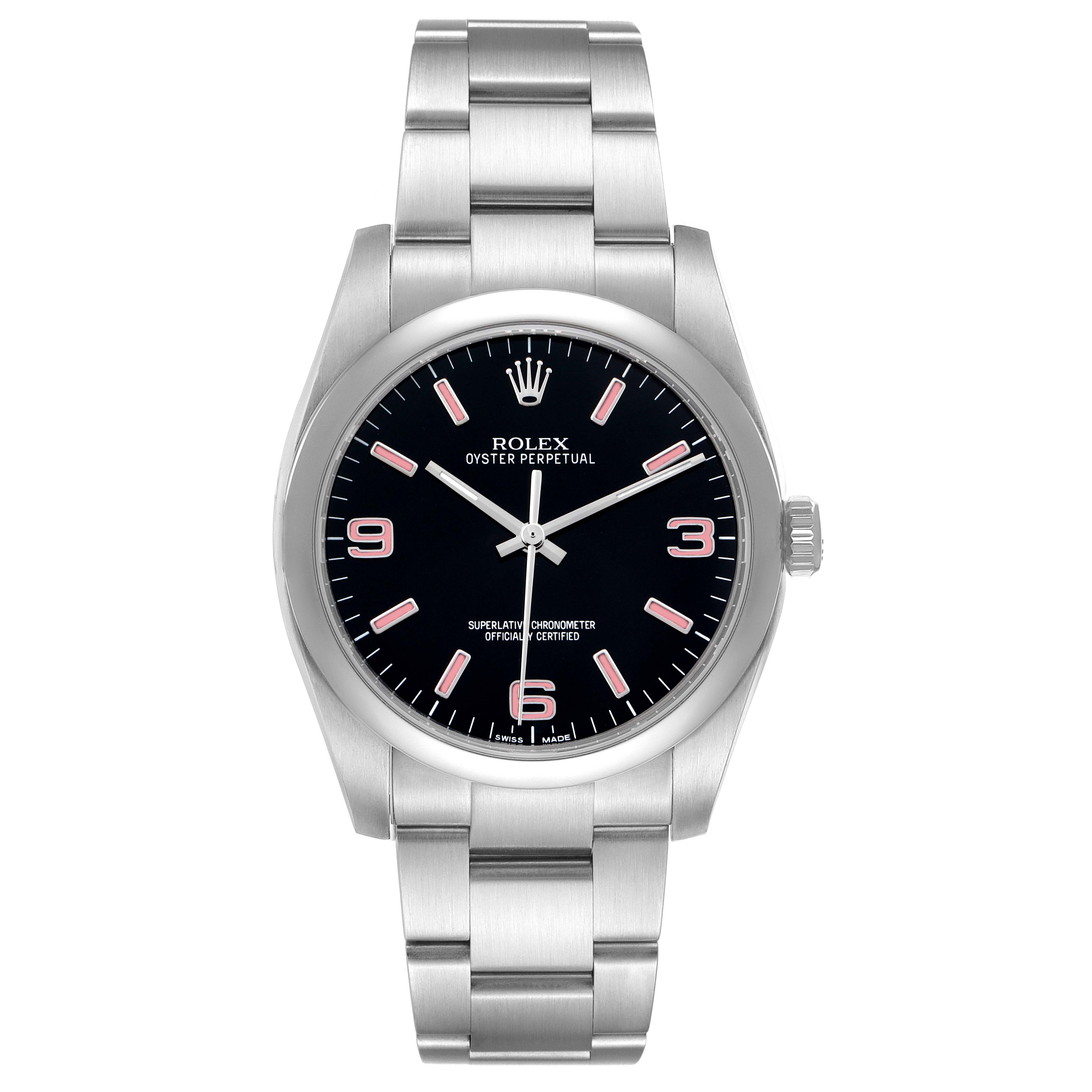 The Rolex Oyster Perpetual 116000 Men's Stainless Steel Black Dial watch is shown from a front angle, displaying the face, bezel, and bracelet.