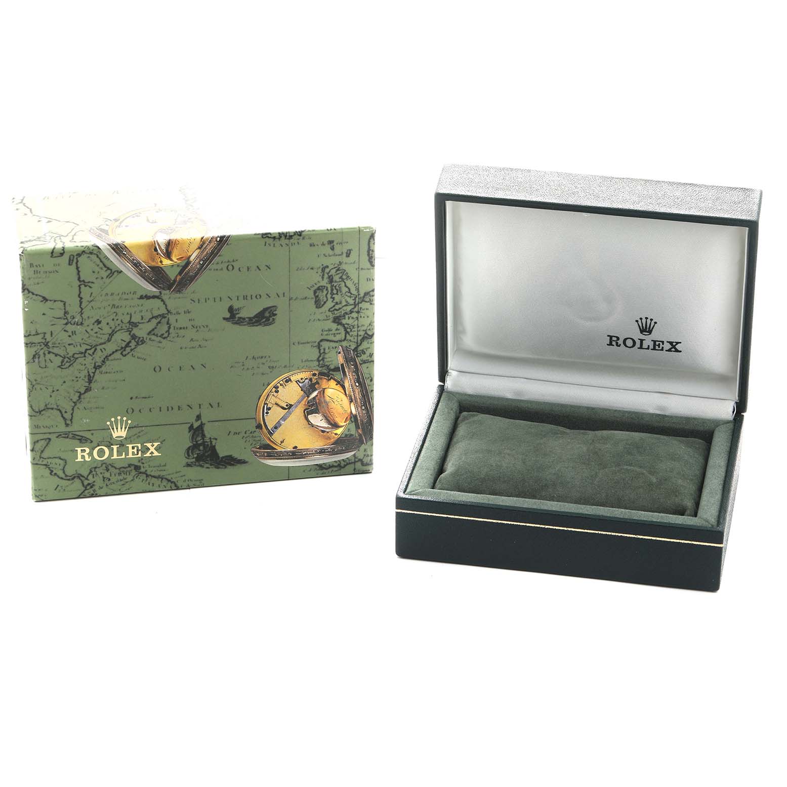 The image shows a Rolex Oyster Perpetual 116000 Men's Stainless Steel Black Dial watch box and packaging at a slight angle, displaying the exterior and interior details.