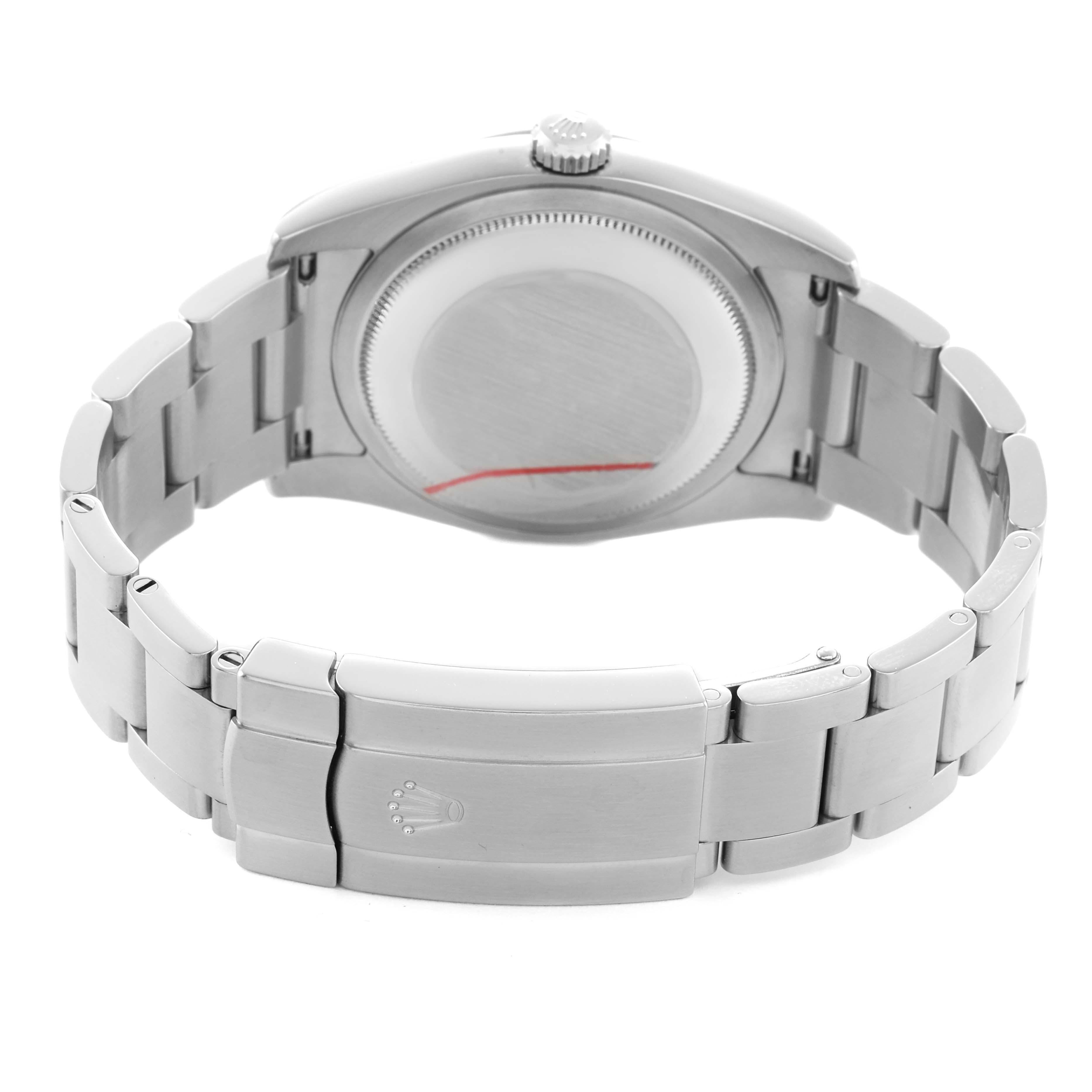 The image shows the back and bracelet clasp of a Rolex Oyster Perpetual 116000 Men's Stainless Steel Black Dial watch from a rear angle.