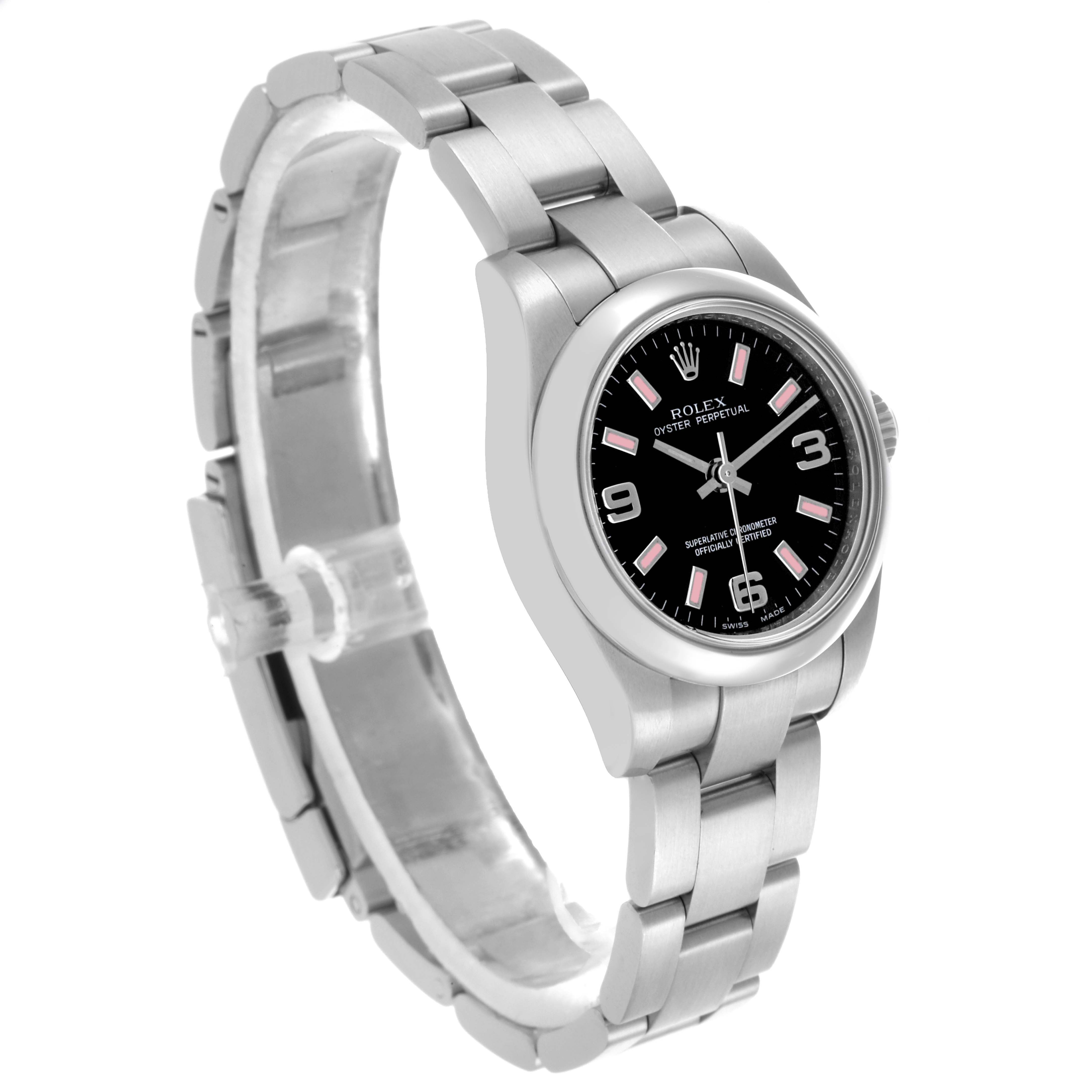 The Rolex Datejust 176200 Women's Stainless Steel Black Dial 176200 Women's Stainless Steel Black Dial watch is shown at a three-quarter angle, displaying the face, bezel, and metal bracelet.