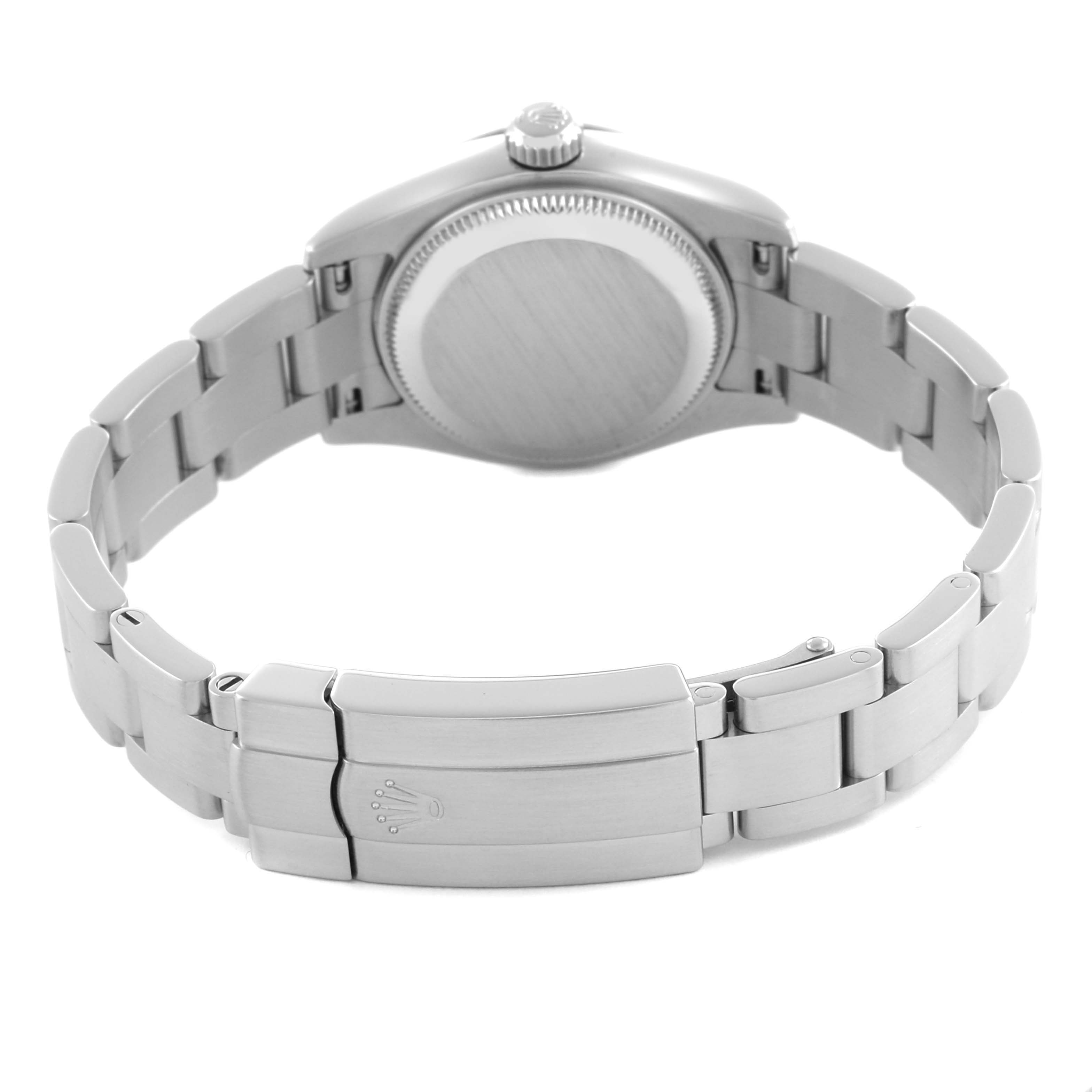 The image shows the back view of a Rolex Datejust 176200 Women's Stainless Steel Black Dial 176200 Women's Stainless Steel Black Dial watch, featuring its case back and bracelet clasp.