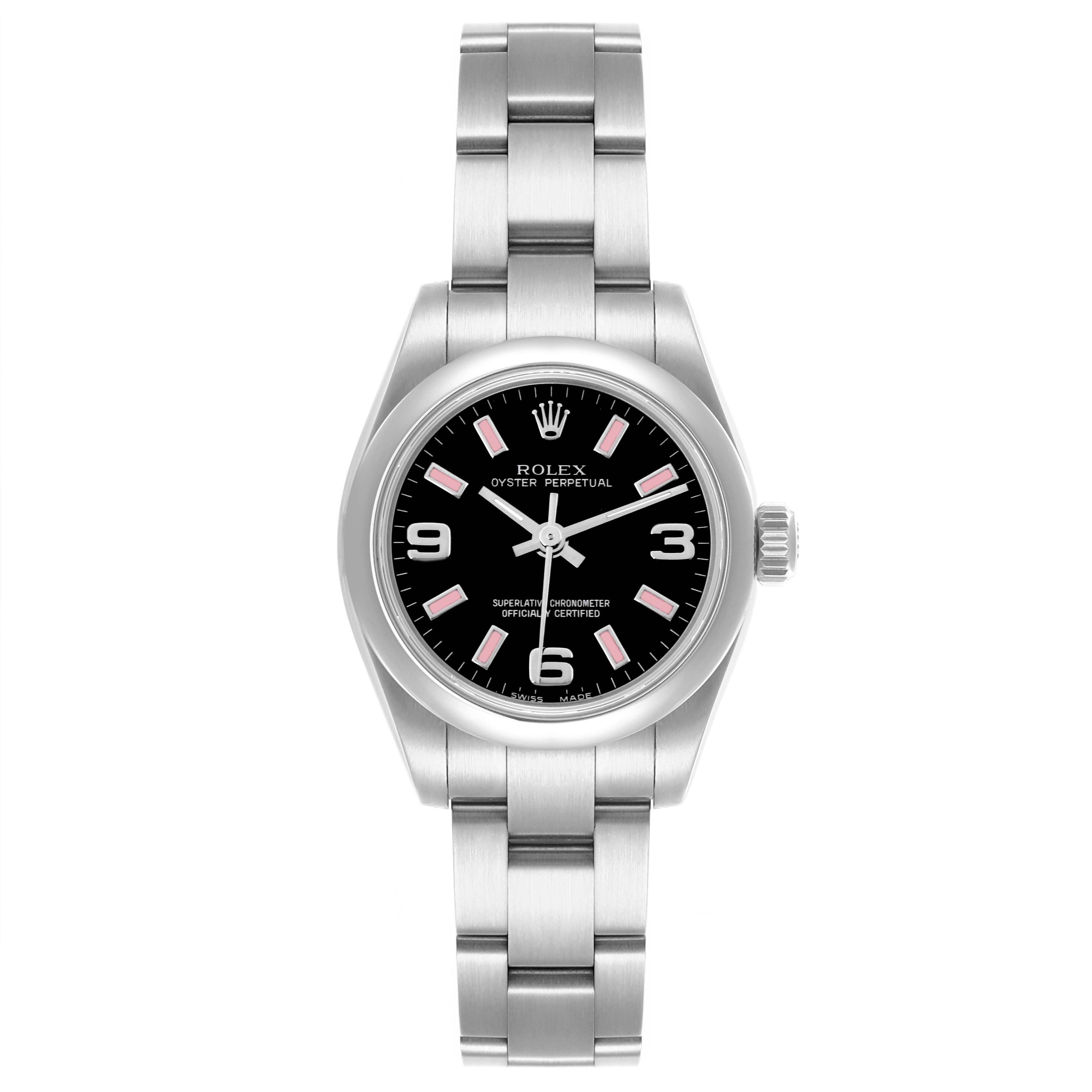 The Rolex Datejust 176200 Women's Stainless Steel Black Dial 176200 Women's Stainless Steel Black Dial is shown from a top-down view, highlighting the dial, bezel, and bracelet.