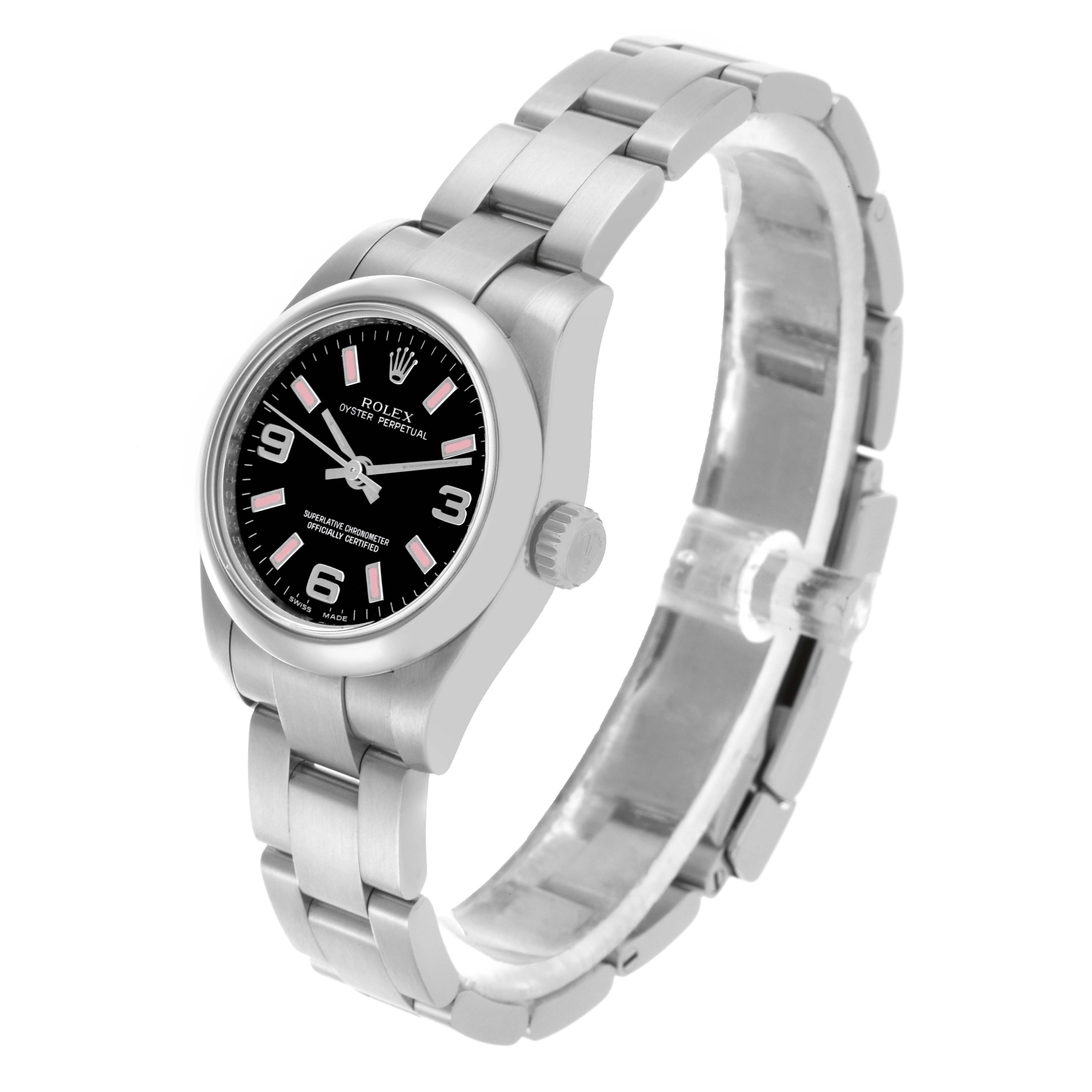 The Rolex Datejust 176200 Women's Stainless Steel Black Dial 176200 Women's Stainless Steel Black Dial watch is shown at a front right angle, displaying the face, bezel, crown, and bracelet.