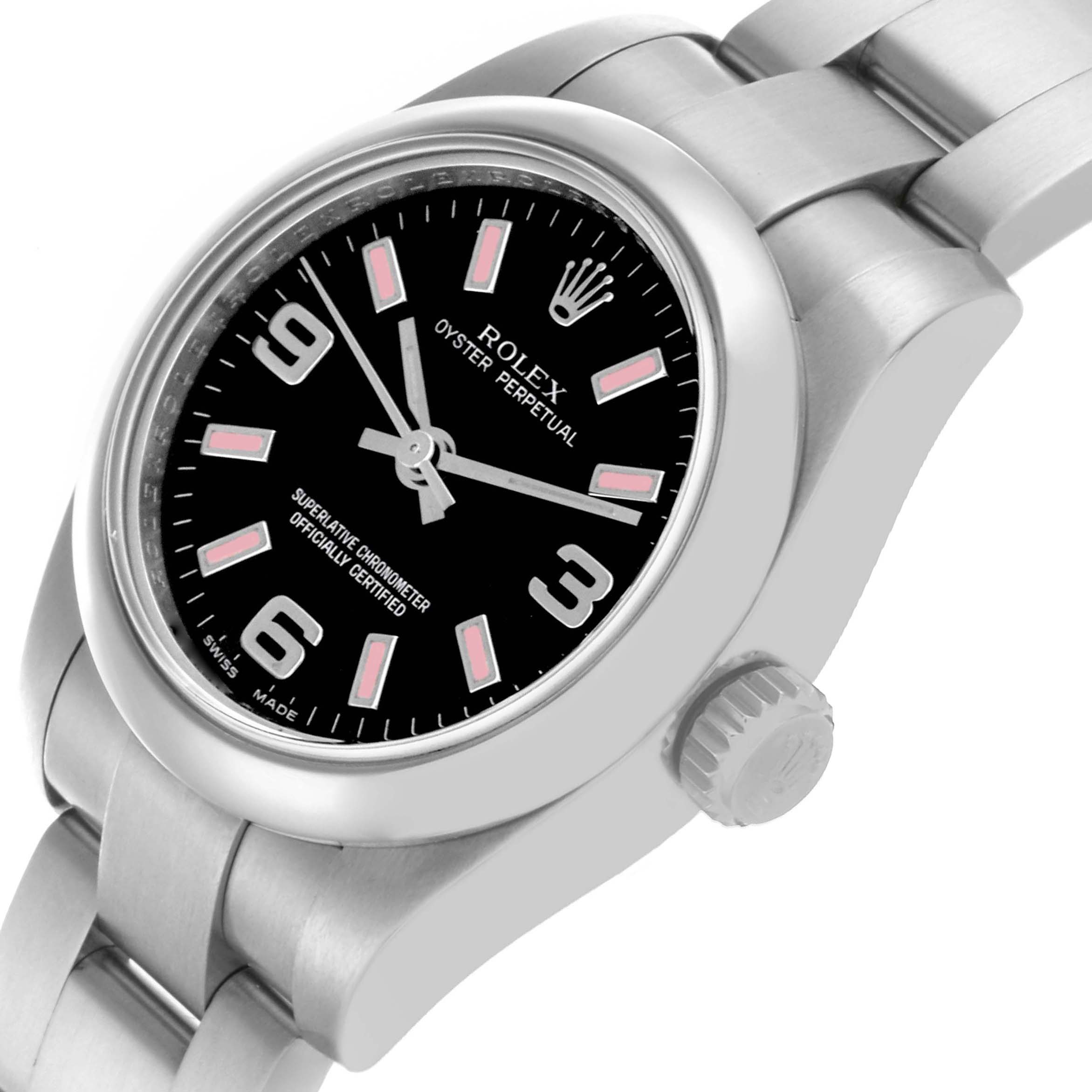 The image shows a side view of the Rolex Datejust 176200 Women's Stainless Steel Black Dial 176200 Women's Stainless Steel Black Dial, focusing on the black dial, bezel, crown, and part of the bracelet.