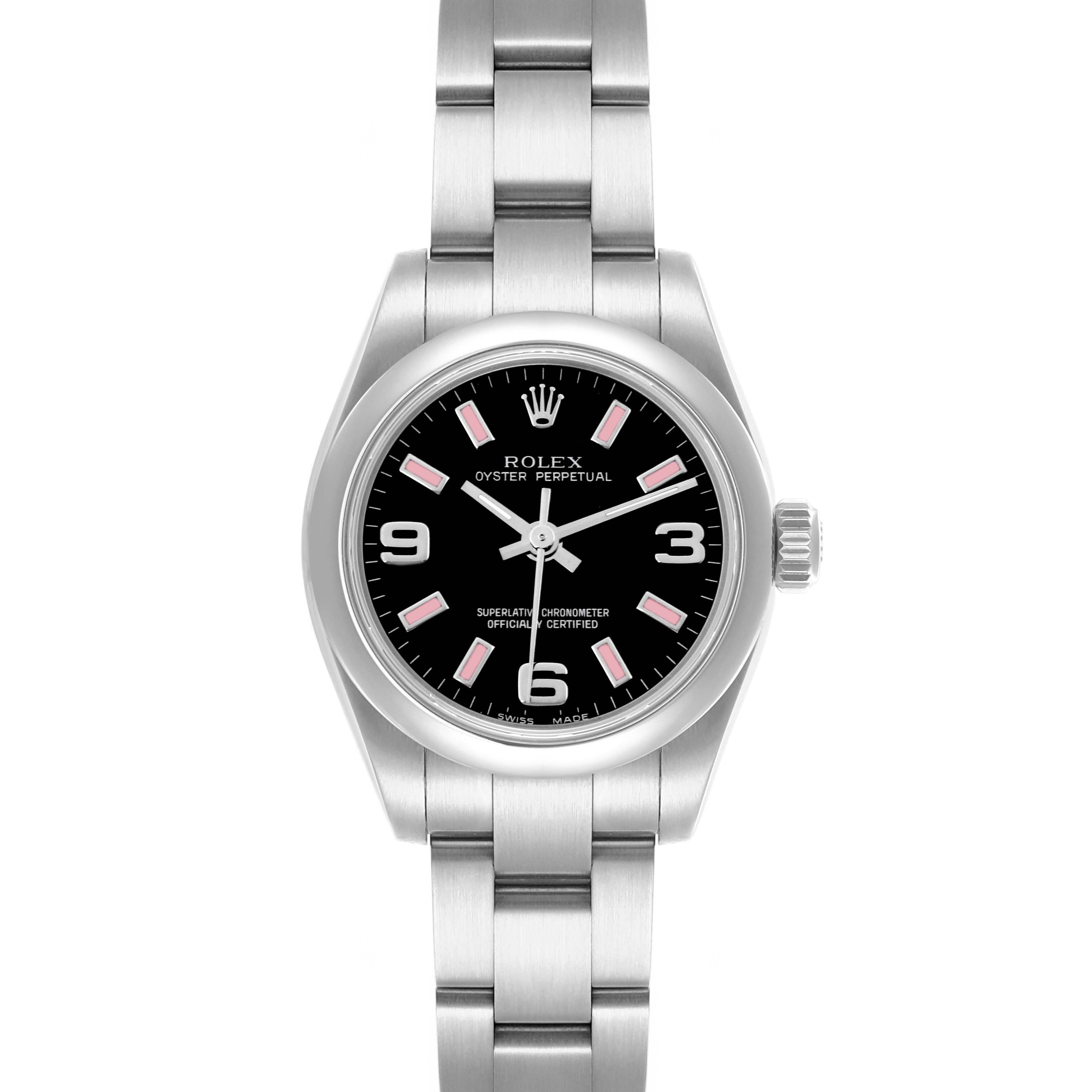 The Rolex Datejust 176200 Women's Stainless Steel Black Dial 176200 Women's Stainless Steel Black Dial watch is shown from a front angle, displaying the face, bezel, bracelet, and crown.