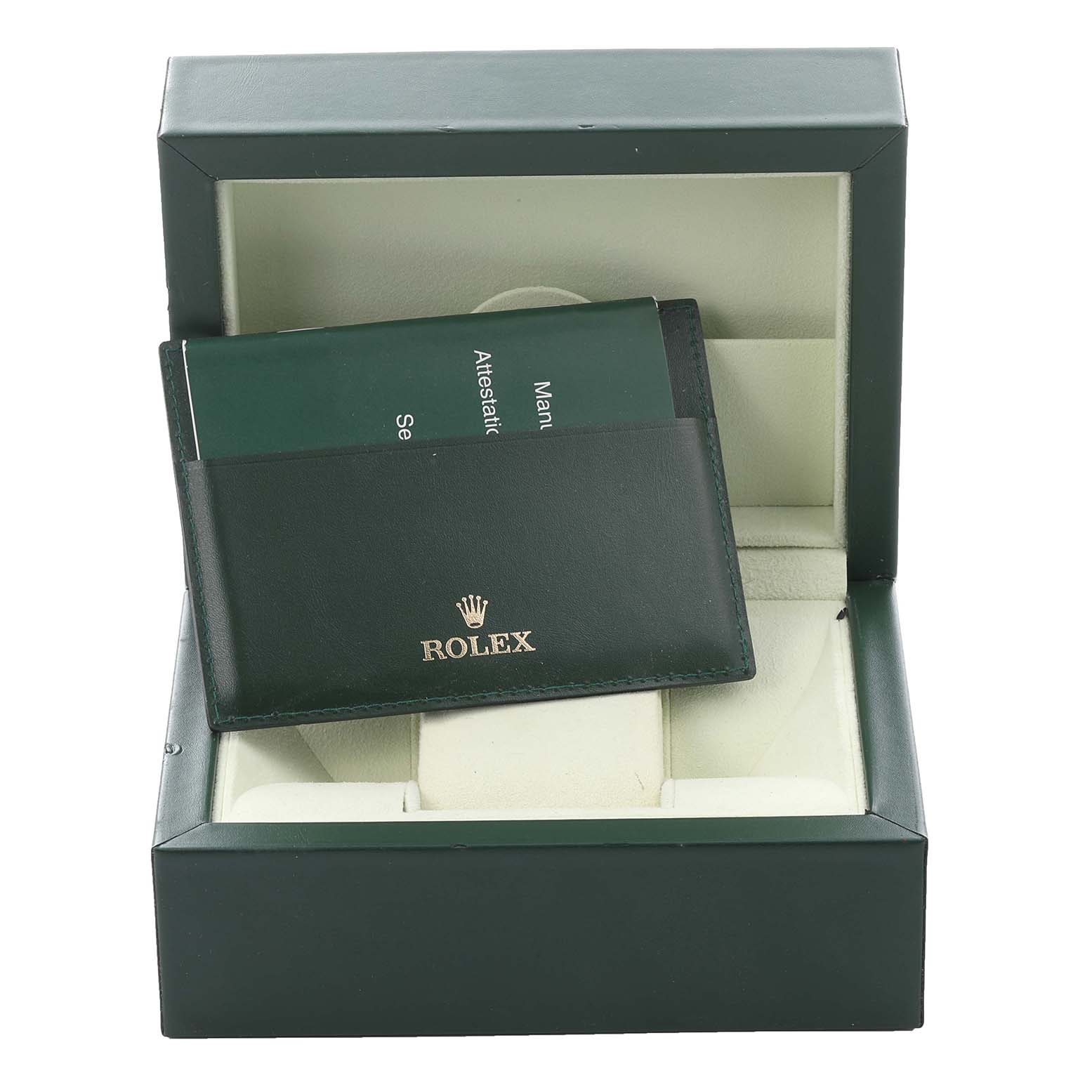 The image shows a Rolex Datejust 176200 Women's Stainless Steel Black Dial 176200 Women's Stainless Steel Black Dial watch box with green documentation and holder placed inside.