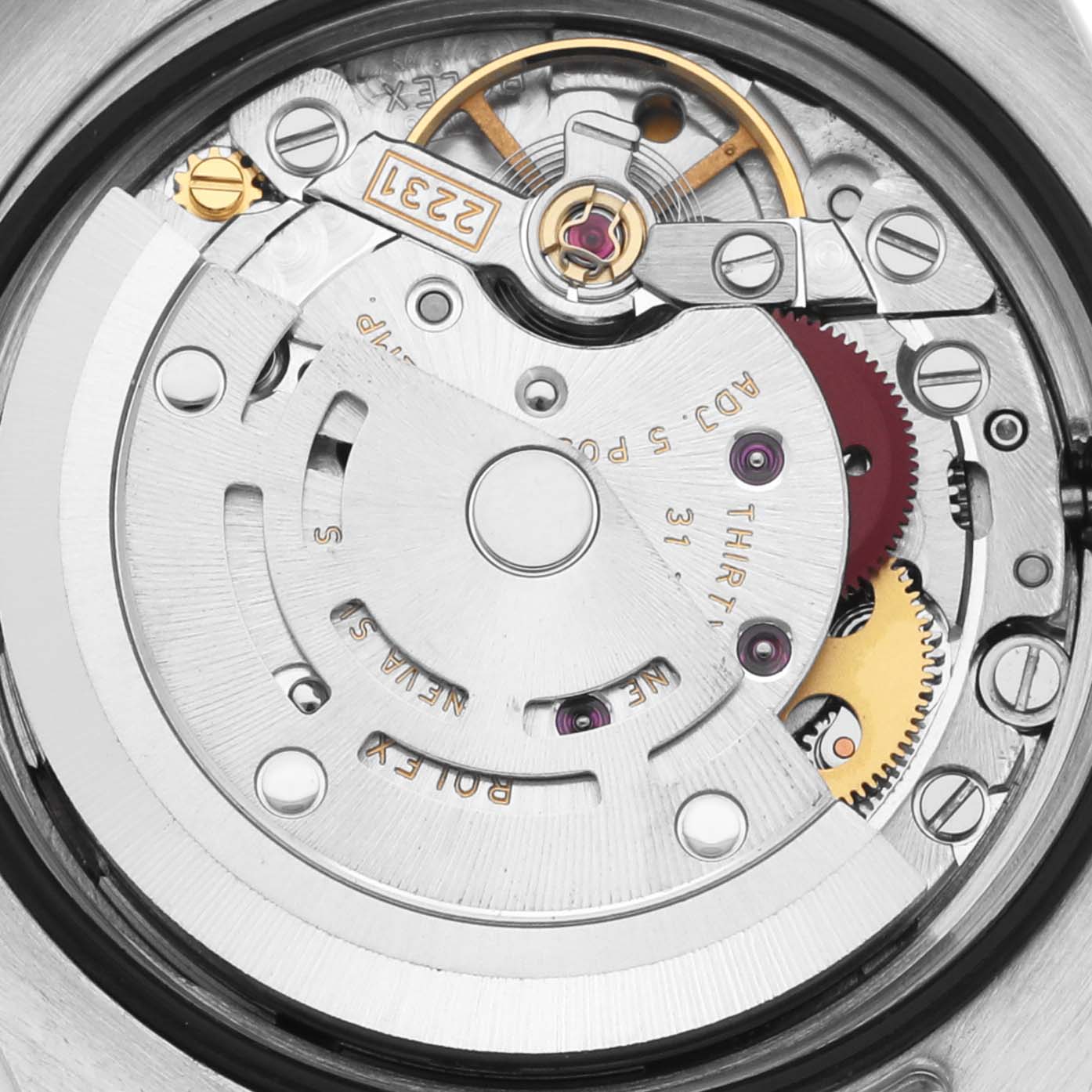This image shows the Rolex Datejust 176200 Women's Stainless Steel Black Dial 176200 Women's Stainless Steel Black Dial watch movement from a top-down angle, highlighting the rotor and gears.