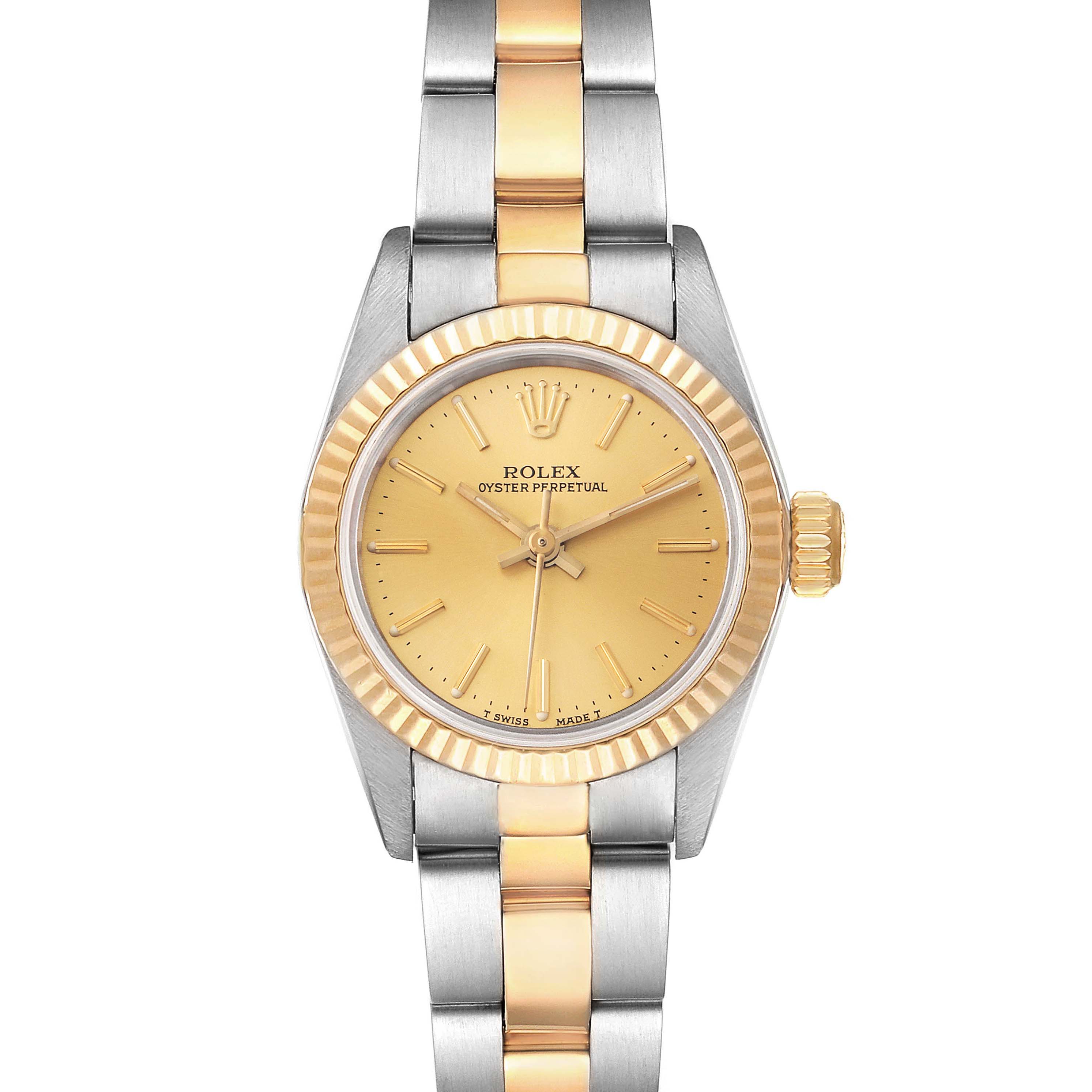 The Rolex Oyster Perpetual 67193 Women's Steel and Gold (two tone) Champagne Dial 67193 Women's Steel and Gold (two tone) Champagne Dial watch is shown from the front, displaying its gold and silver band and gold face.