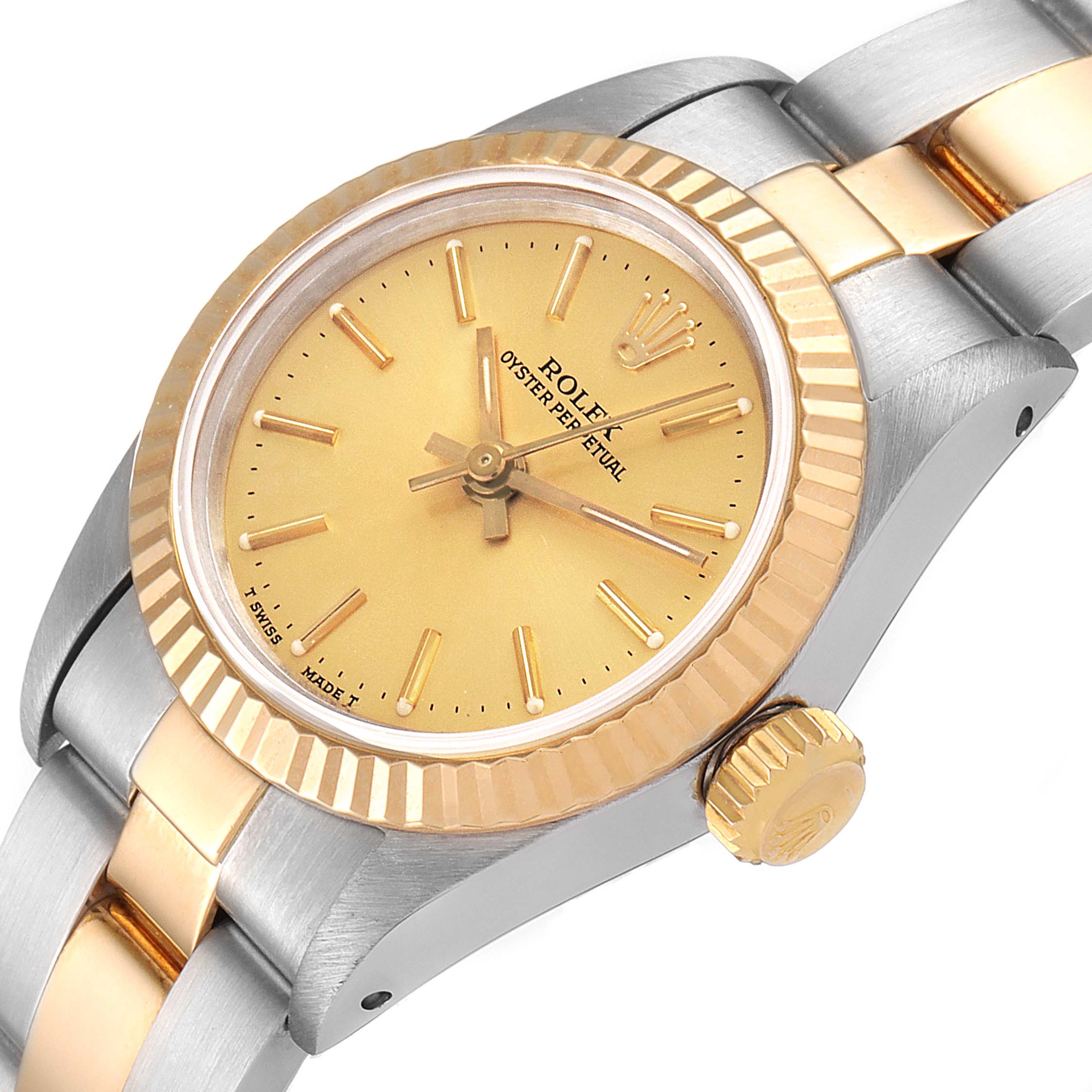 The image displays a close-up angle of a Rolex Oyster Perpetual 67193 Women's Steel and Gold (two tone) Champagne Dial 67193 Women's Steel and Gold (two tone) Champagne Dial watch, showcasing its dial, fluted bezel, and part of the bracelet.