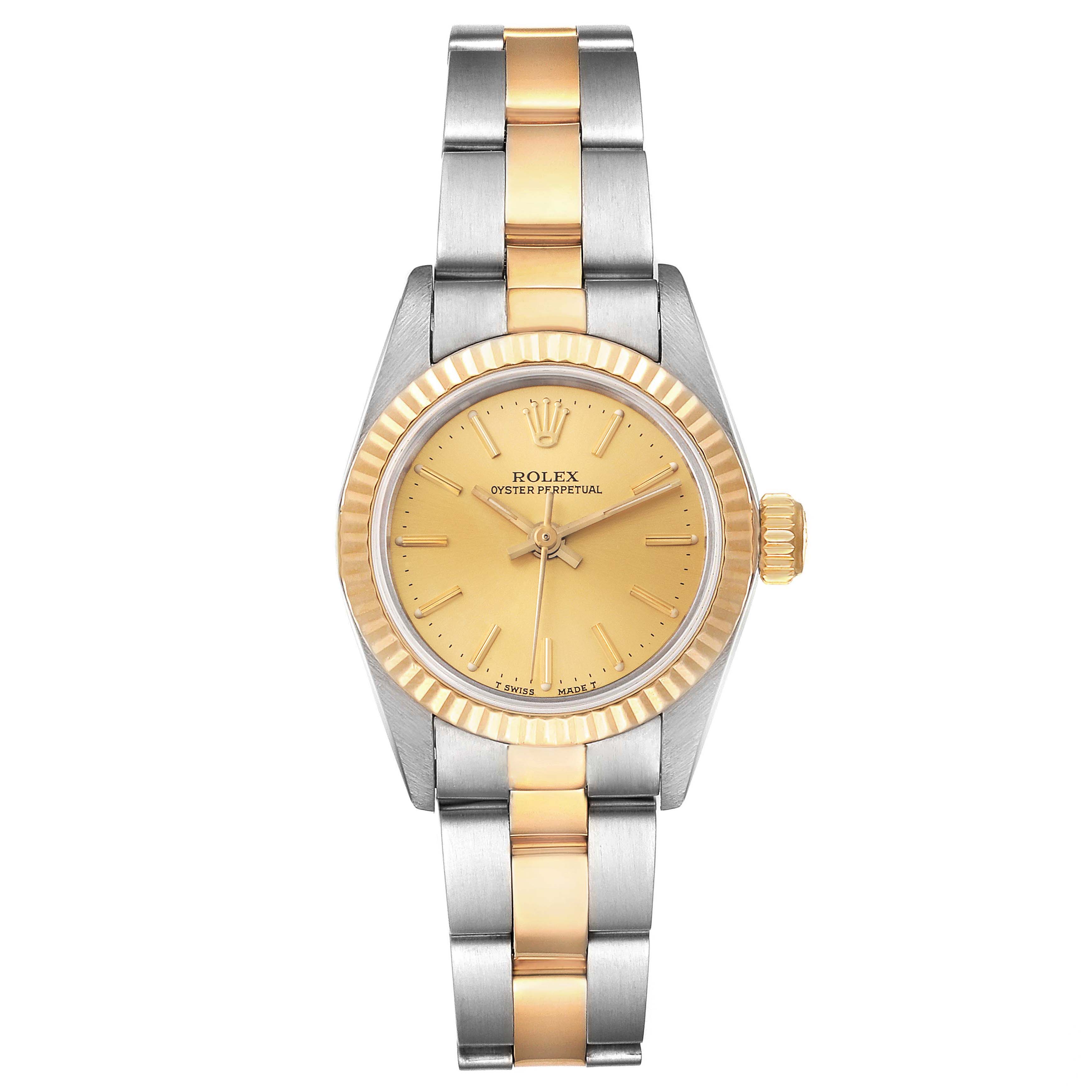The Rolex Oyster Perpetual 67193 Women's Steel and Gold (two tone) Champagne Dial 67193 Women's Steel and Gold (two tone) Champagne Dial watch is shown from the front, displaying the face, bezel, and bracelet.