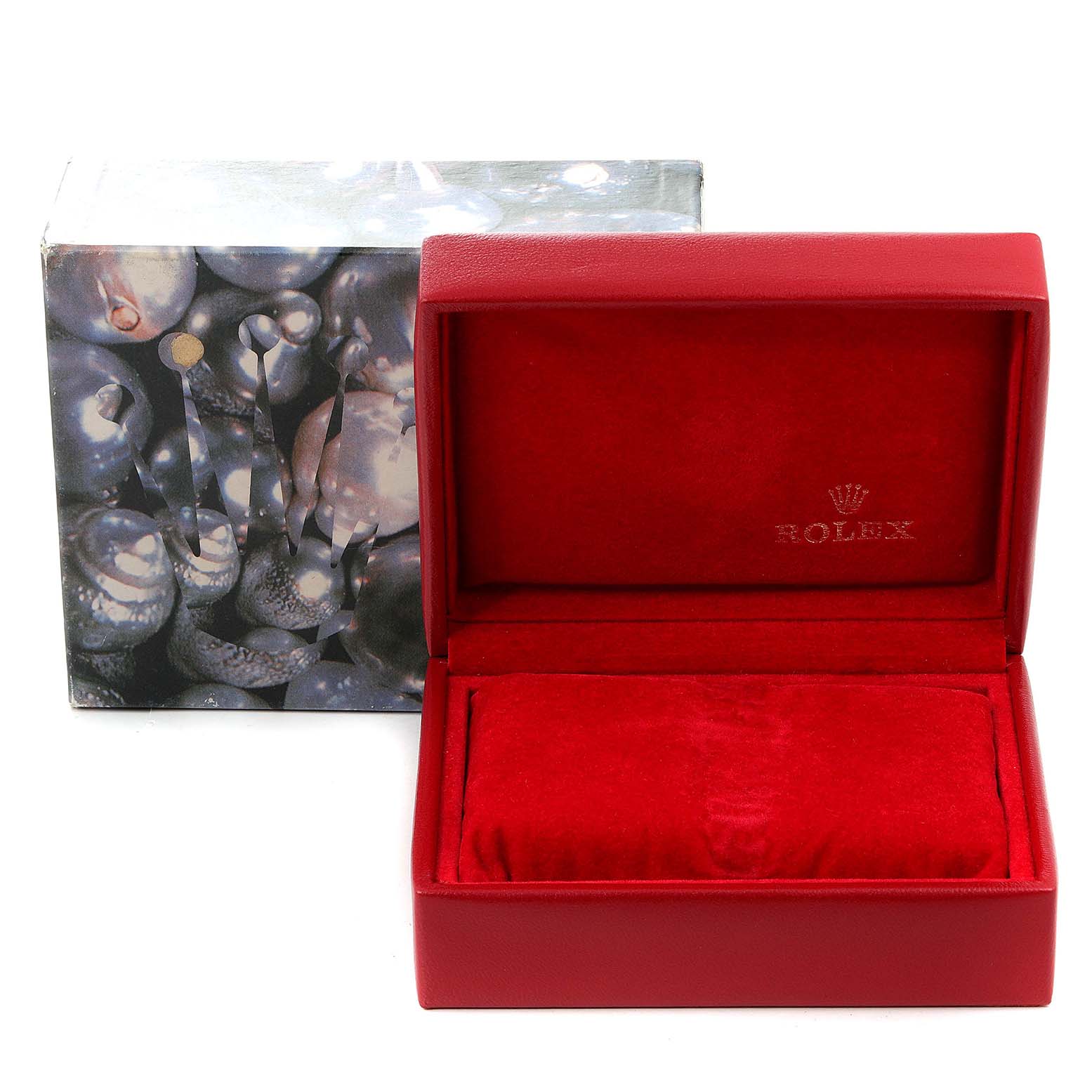 The image shows an empty Rolex President 79278 Women's Yellow Gold White Dial 79278 Women's Yellow Gold White Dial model watch box and its outer cardboard packaging.