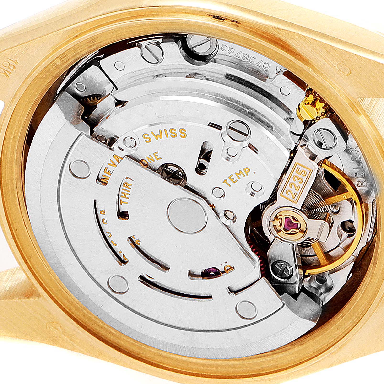 This is a close-up view of the internal movement mechanism of a Rolex President 79278 Women's Yellow Gold White Dial 79278 Women's Yellow Gold White Dial model watch.
