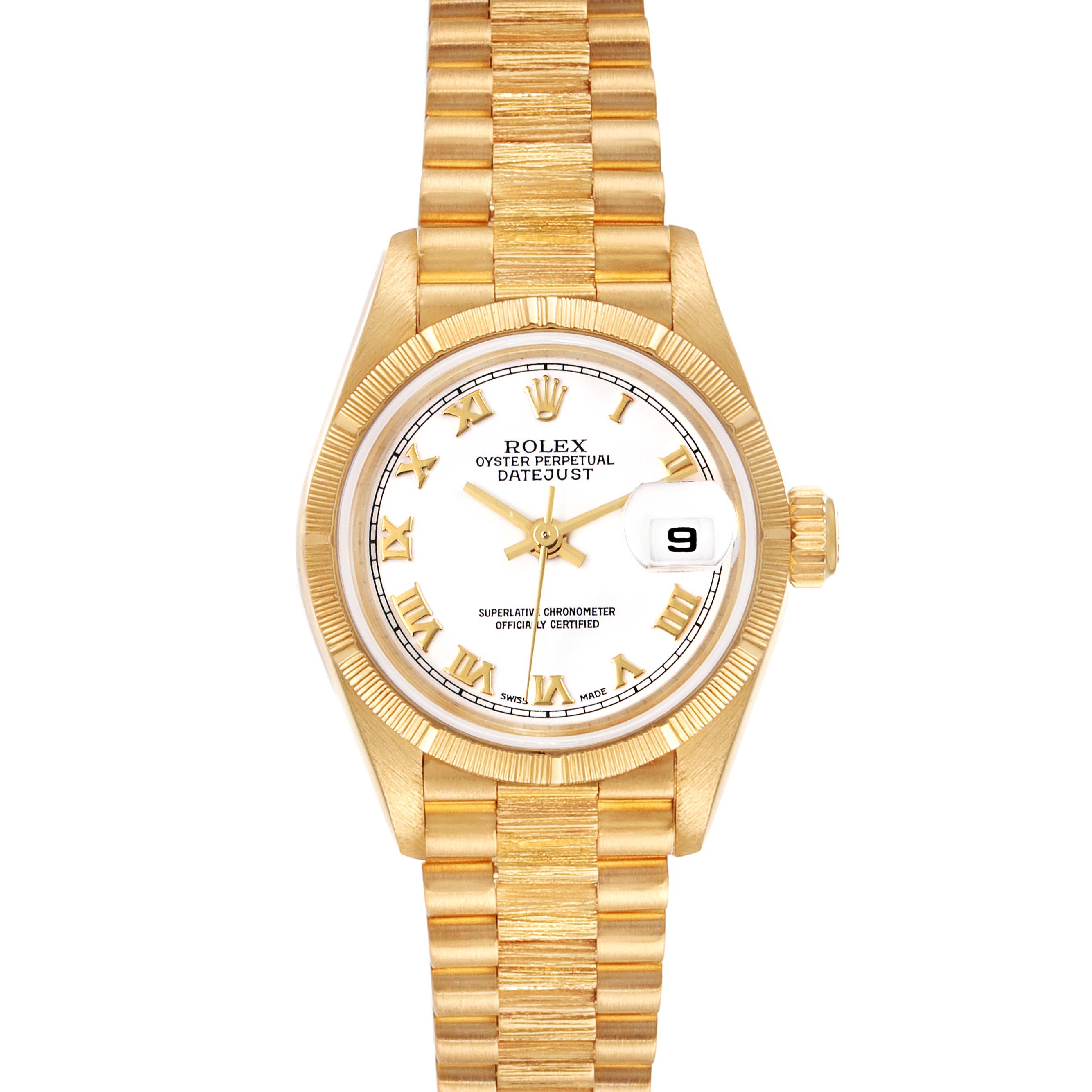 The image shows a front view of a Rolex President 79278 Women's Yellow Gold White Dial 79278 Women's Yellow Gold White Dial Datejust watch, highlighting its gold bracelet, fluted bezel, and white dial.