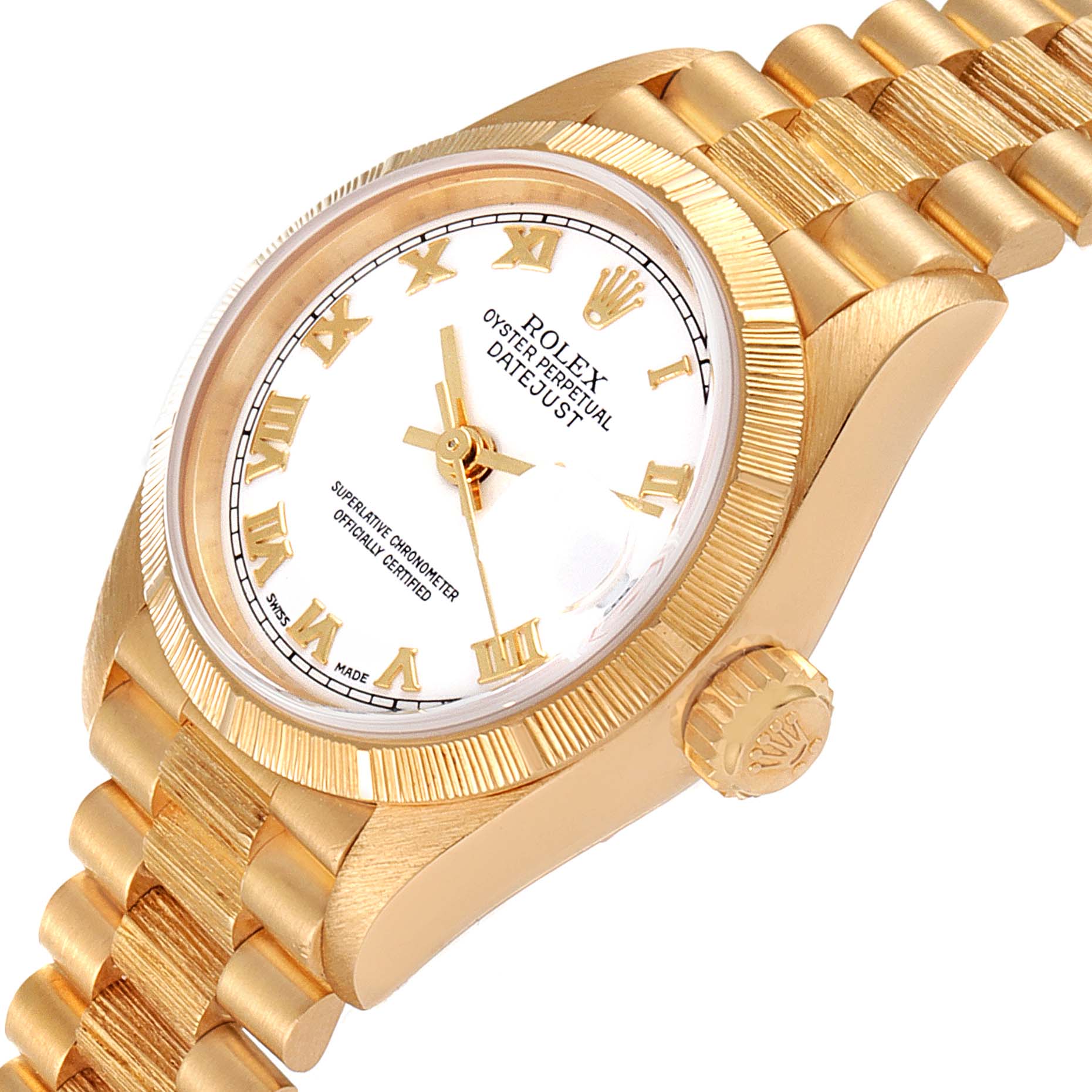 The image shows a side angle of a Rolex President 79278 Women's Yellow Gold White Dial 79278 Women's Yellow Gold White Dial model watch, highlighting the face, bezel, crown, and part of the bracelet.
