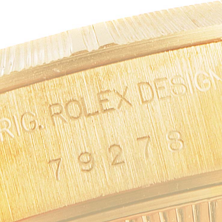 This image shows a close-up of the engraved model number on the side of the Rolex President 79278 Women's Yellow Gold White Dial 79278 Women's Yellow Gold White Dial watch case.