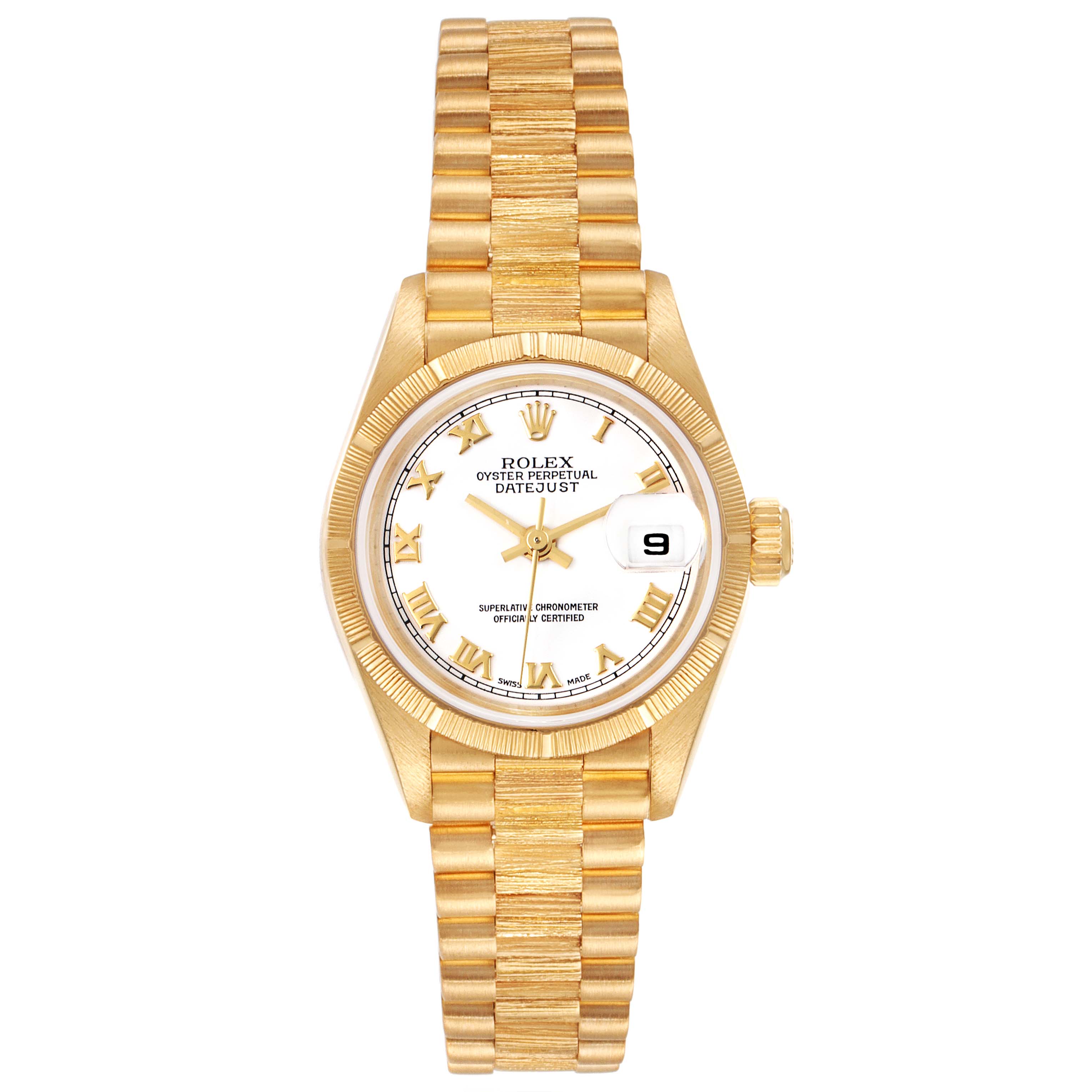 This image shows a front view of the Rolex President 79278 Women's Yellow Gold White Dial 79278 Women's Yellow Gold White Dial Datejust watch displaying its dial, bezel, bracelet, and crown.
