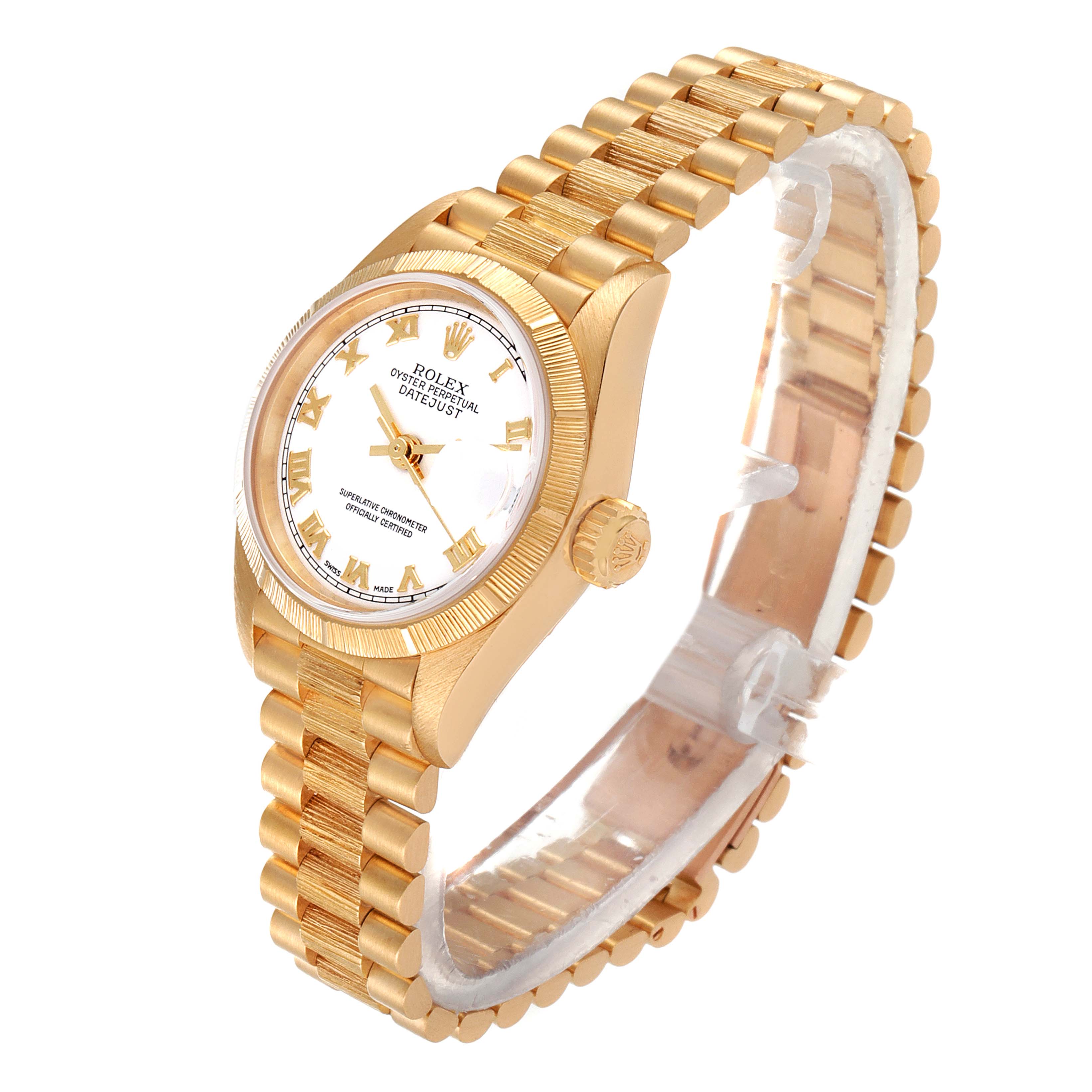The image shows a side and angled view of the Rolex President 79278 Women's Yellow Gold White Dial 79278 Women's Yellow Gold White Dial model watch, highlighting its gold case, bracelet, and white dial.