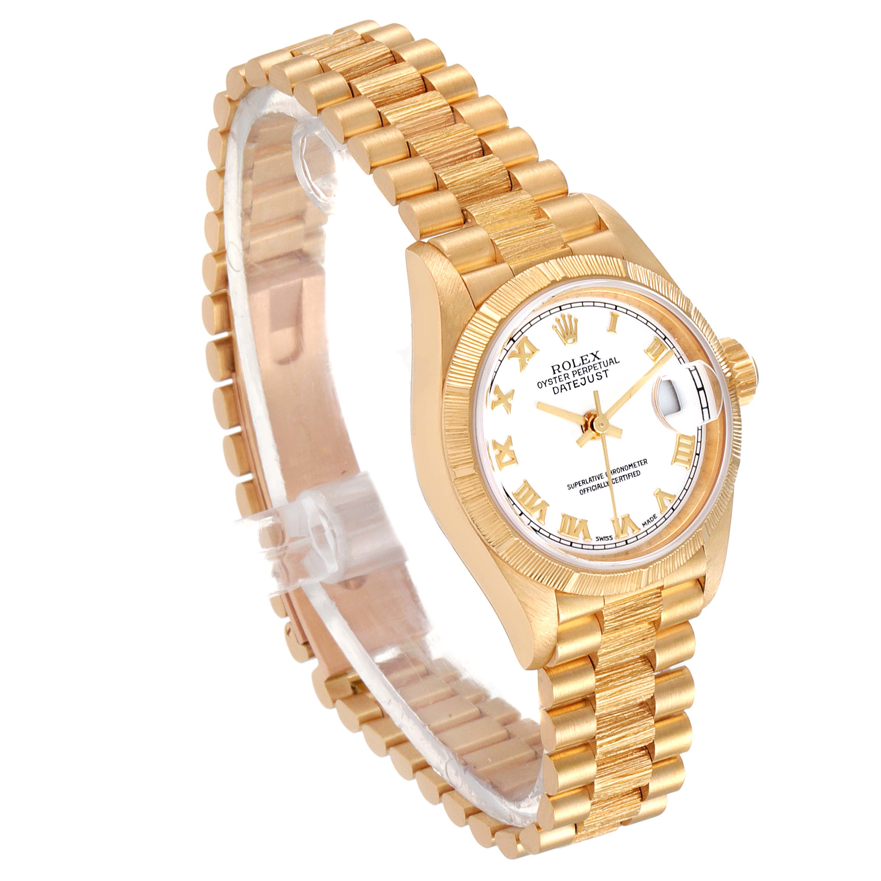 This is a close-up shot of a Rolex President 79278 Women's Yellow Gold White Dial 79278 Women's Yellow Gold White Dial model watch, displaying its gold bracelet, case, and white dial with Roman numerals.