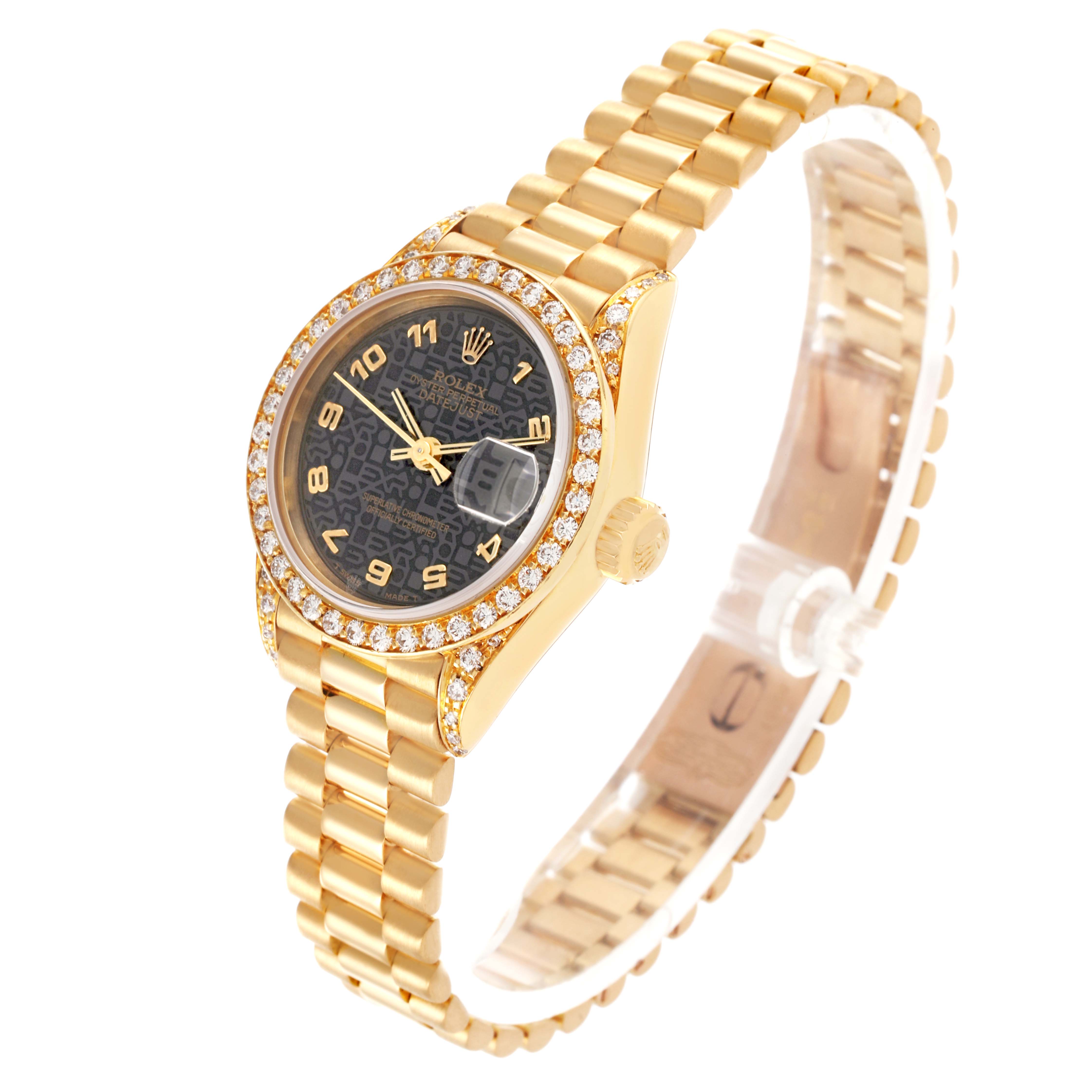 The Rolex Datejust watch is shown at an angled side view, highlighting its gold bracelet, bezel, and dial.