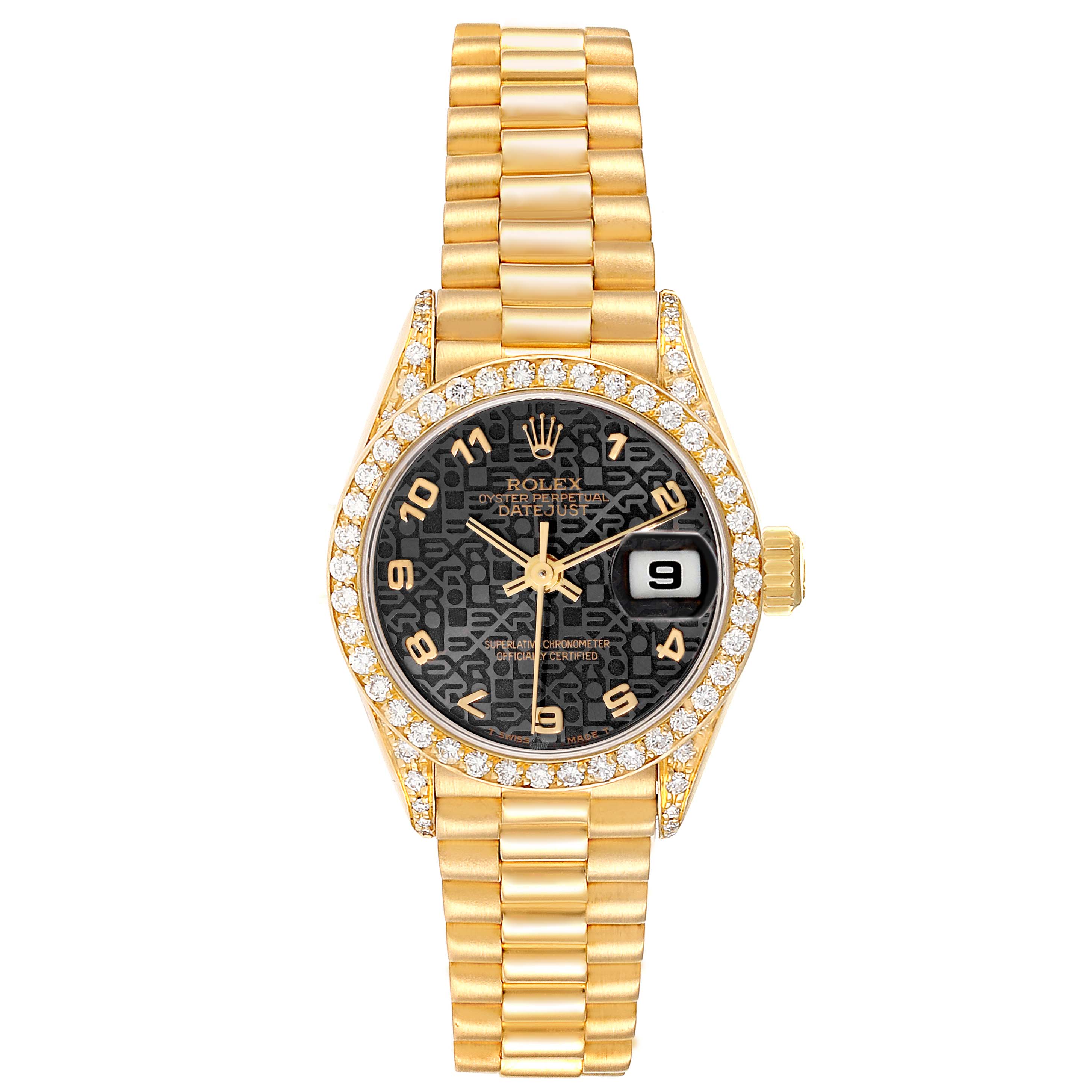 The Rolex Datejust watch is shown from the front, displaying the bezel, dial, bracelet, and crown.