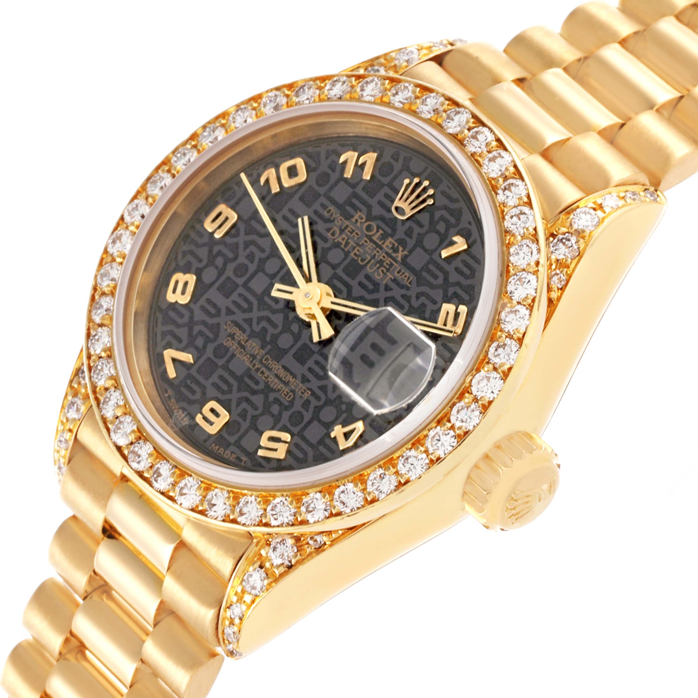 The Rolex Datejust watch is shown in a close-up at an angle, highlighting the diamond bezel and bracelet.