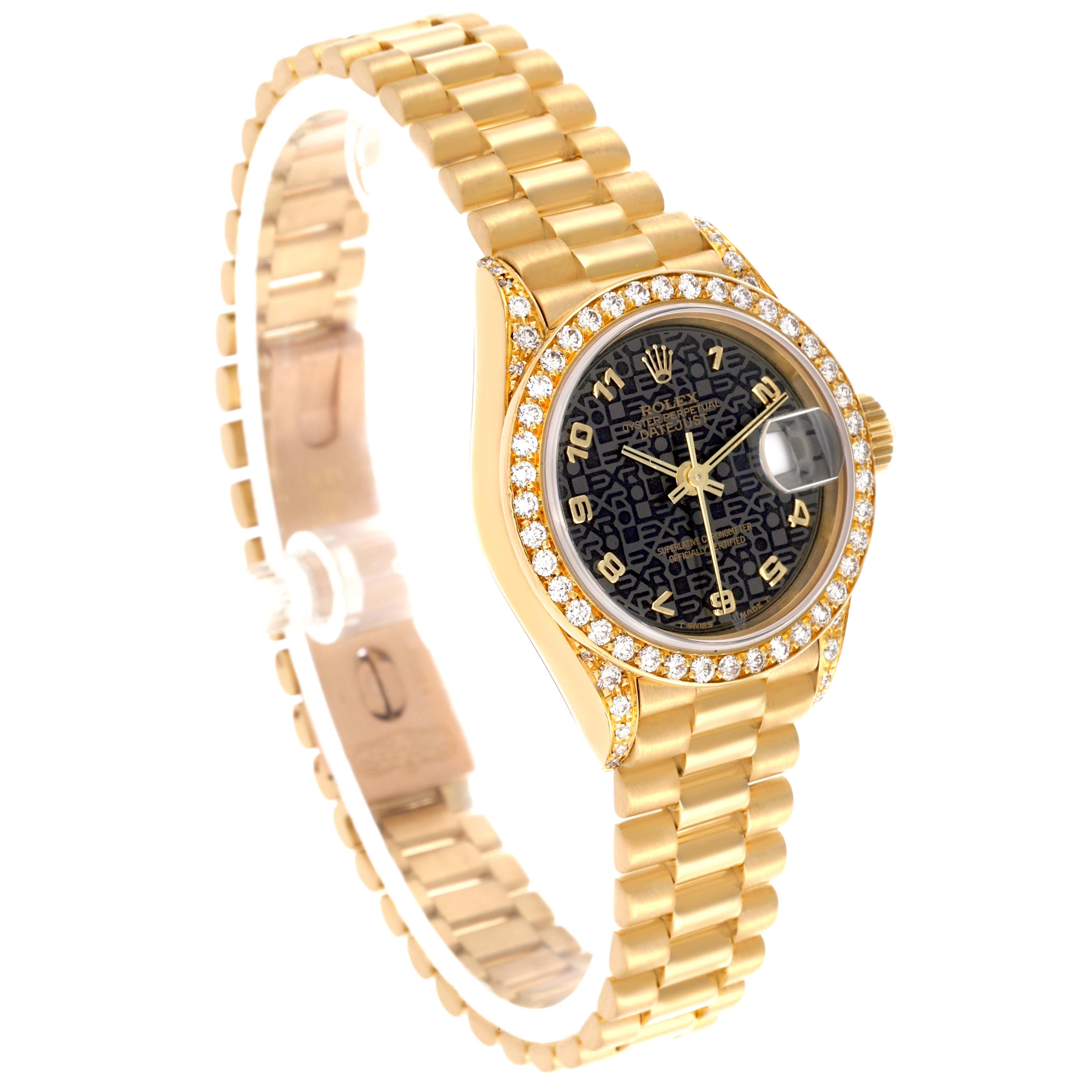The Rolex Datejust watch is shown at a three-quarter angle, highlighting the diamond bezel, black dial, and gold bracelet.