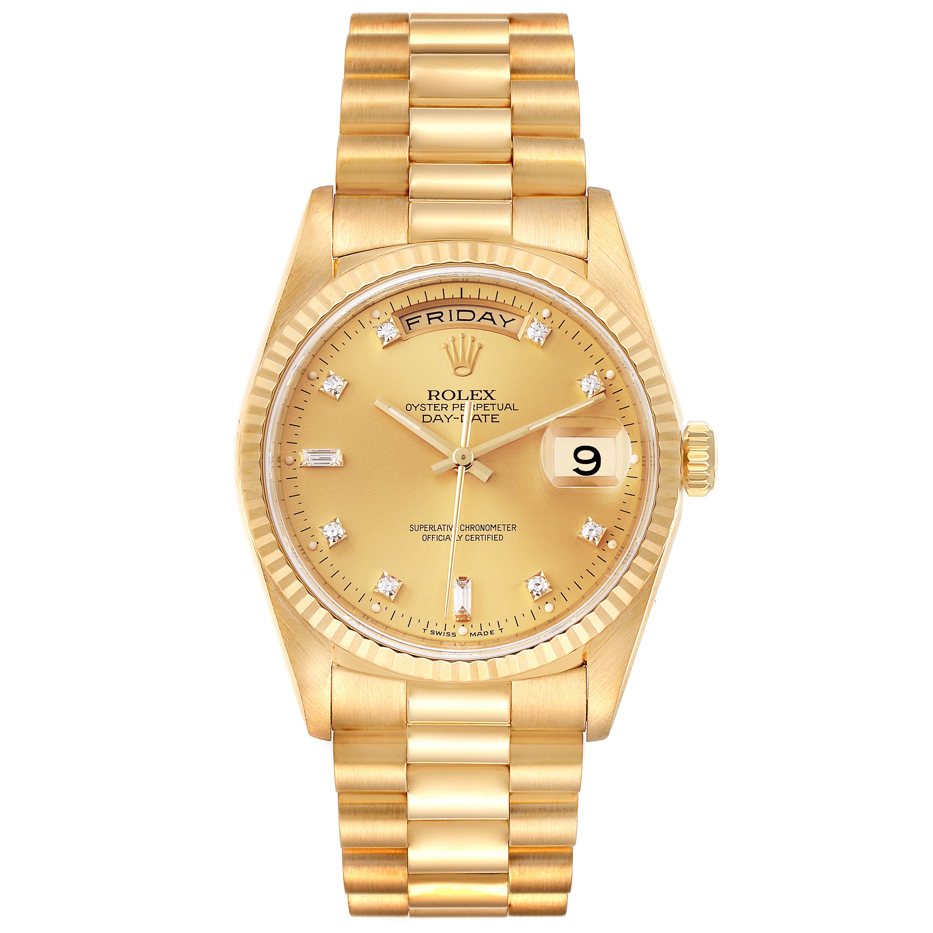 This image shows a frontal view of the Rolex President 18238 Men
s Yellow Gold Champagne Dial 18238 Men
s Yellow Gold Champagne Dial model watch, highlighting the dial, bracelet, crown, and date window.