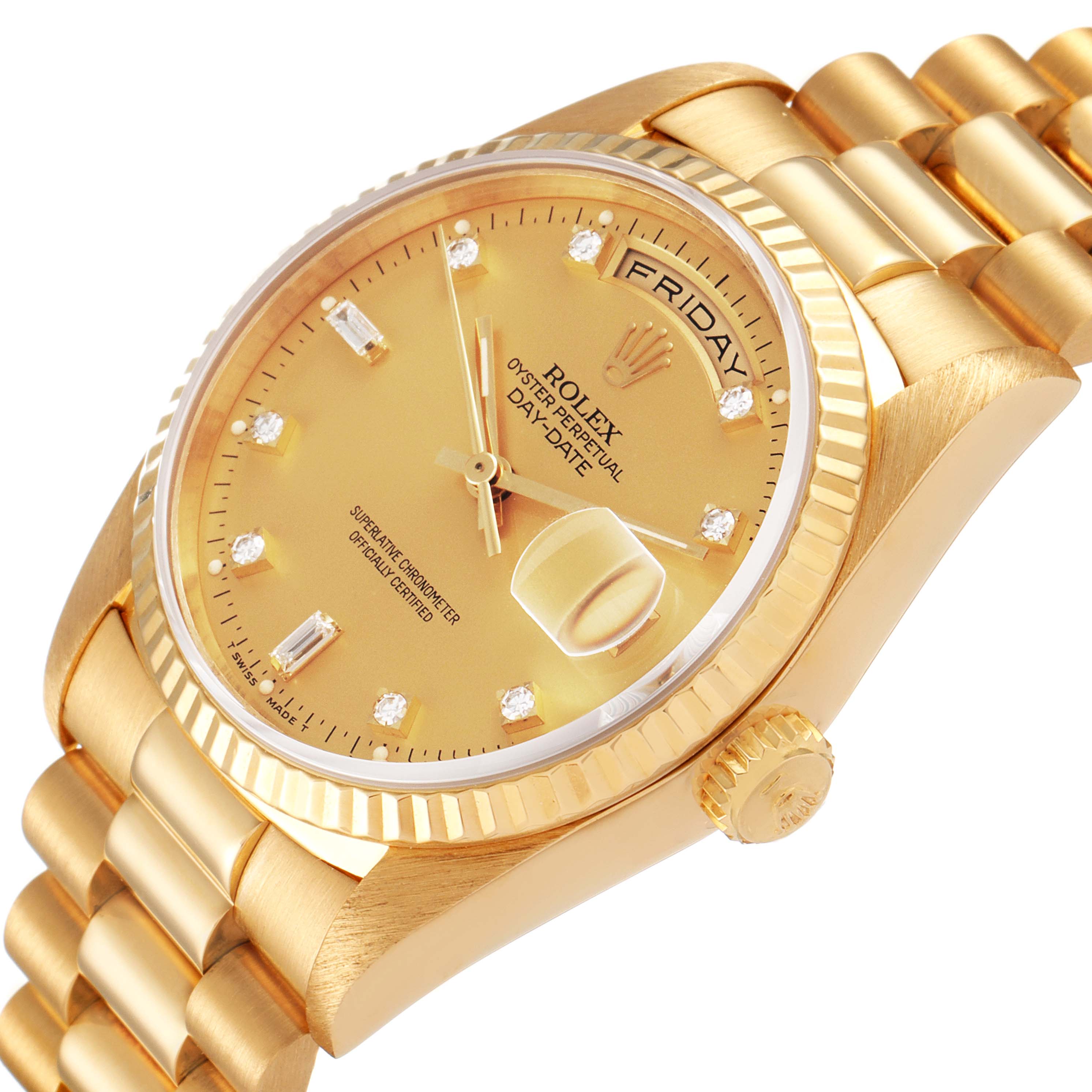The Rolex President 18238 Men
s Yellow Gold Champagne Dial 18238 Men
s Yellow Gold Champagne Dial Day-Date watch is shown at an angled view highlighting the dial, day display, case, crown, and part of the bracelet.