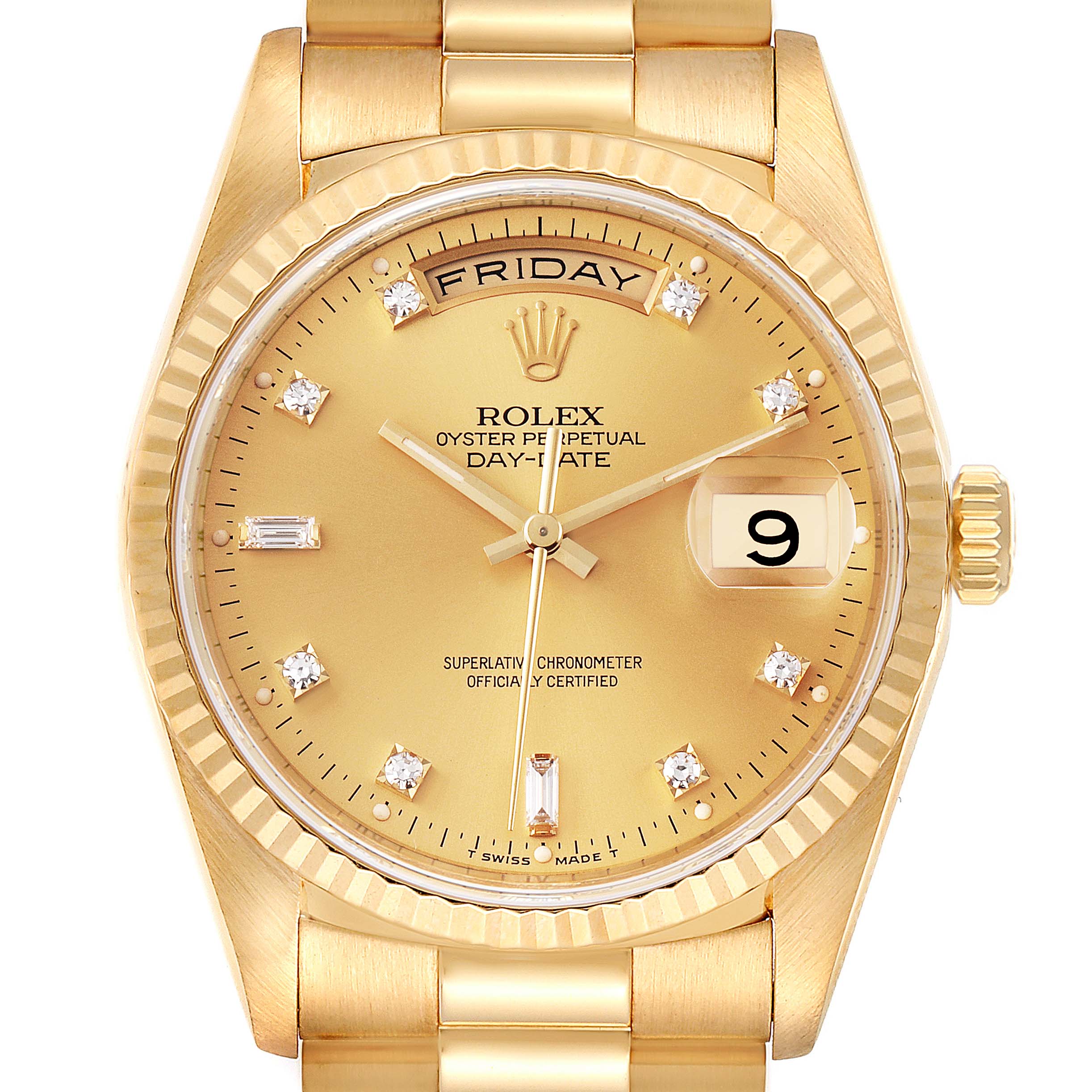This image shows a front view of the Rolex President 18238 Men
s Yellow Gold Champagne Dial 18238 Men
s Yellow Gold Champagne Dial Day-Date watch, featuring its gold dial, bezel, and bracelet.