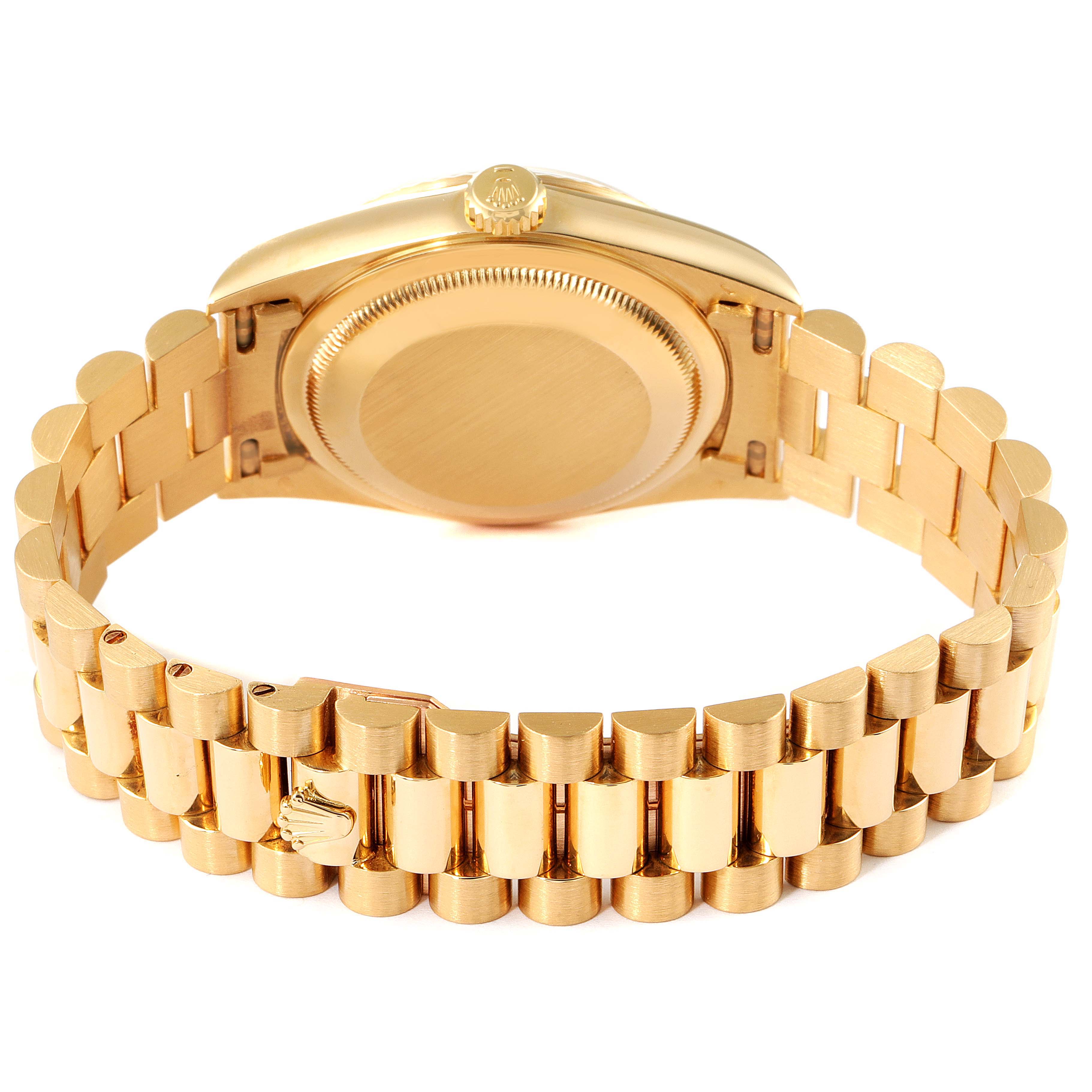 The image shows the back side of a Rolex President 18238 Men
s Yellow Gold Champagne Dial 18238 Men
s Yellow Gold Champagne Dial model watch, highlighting its gold bracelet and case back.
