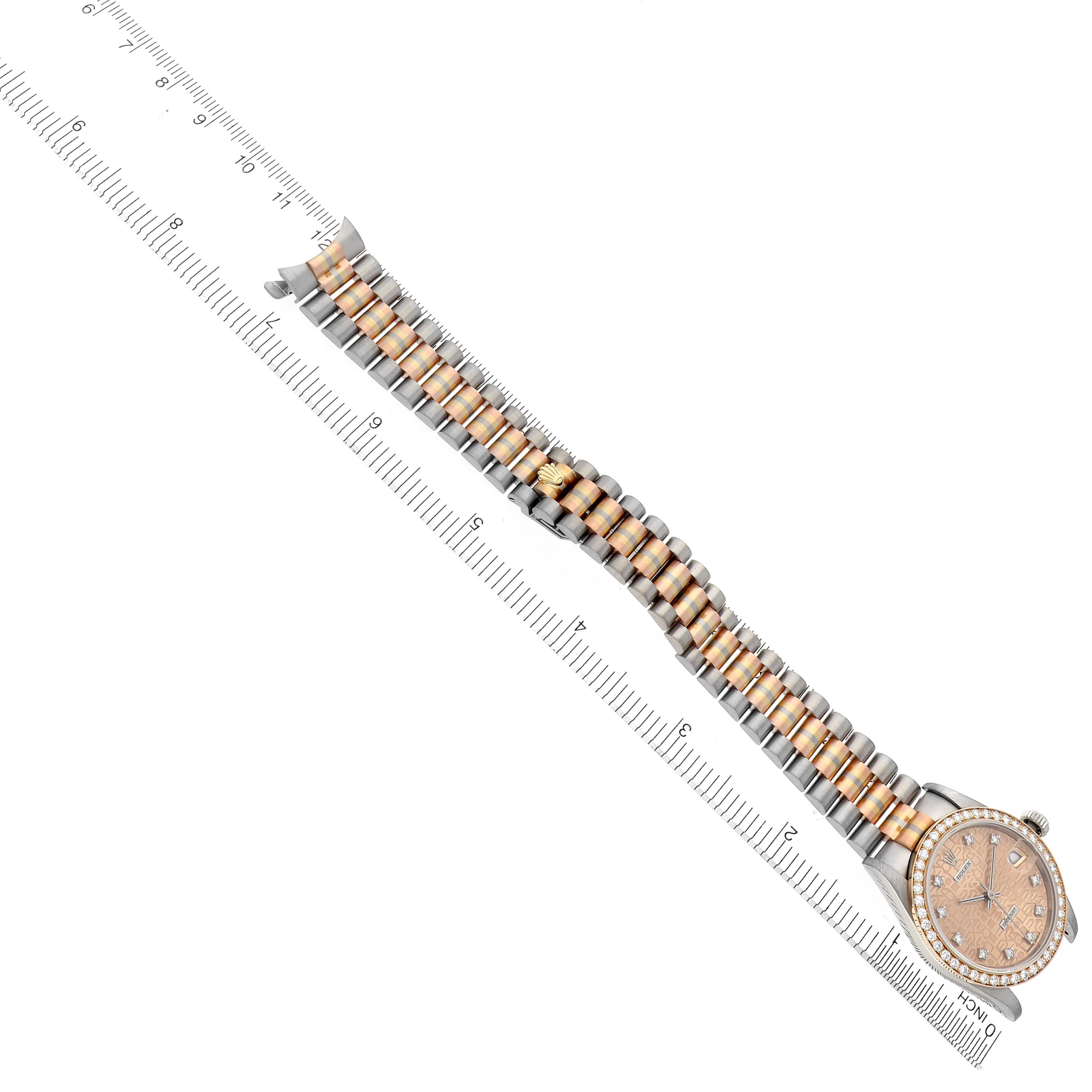 The Rolex President 68289 Women
s White Gold Champagne Dial 68289 Women
s White Gold Champagne Dial watch is shown from an angled top view, displaying the full bracelet and face with a gold tone and diamond markers.