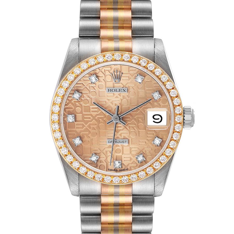 The Rolex President model is shown from the front, displaying the face, bezel, dial, and bracelet.