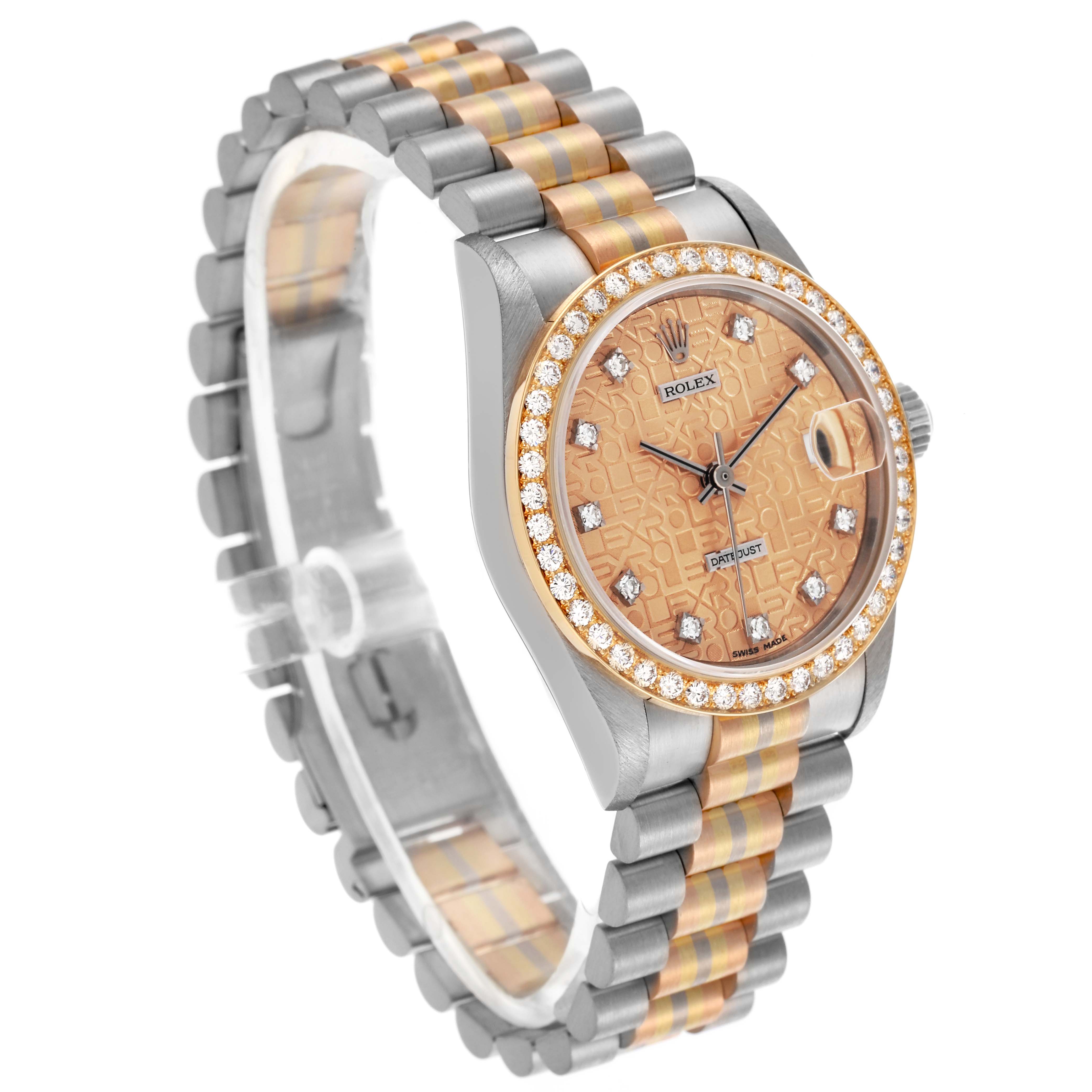 The Rolex President 68289 Women
s White Gold Champagne Dial 68289 Women
s White Gold Champagne Dial model watch is shown at a three-quarter angle, highlighting the face, bezel, and bracelet.