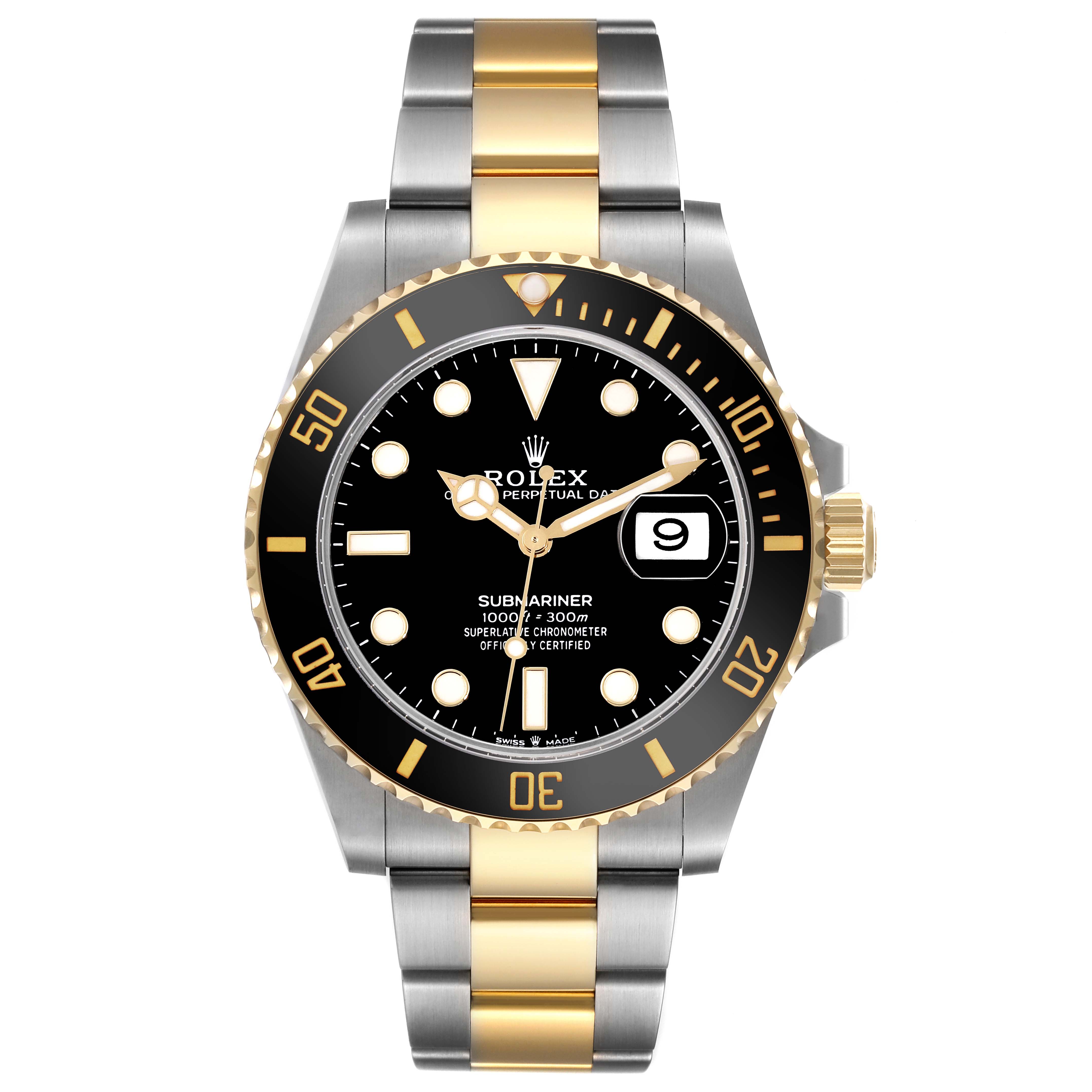 The Rolex Submariner 126613LN Men's Steel and Gold (two tone) Black Dial 126613LN Men's Steel and Gold (two tone) Black Dial watch is shown from a front angle, displaying its dial, bezel, crown, and two-tone bracelet.