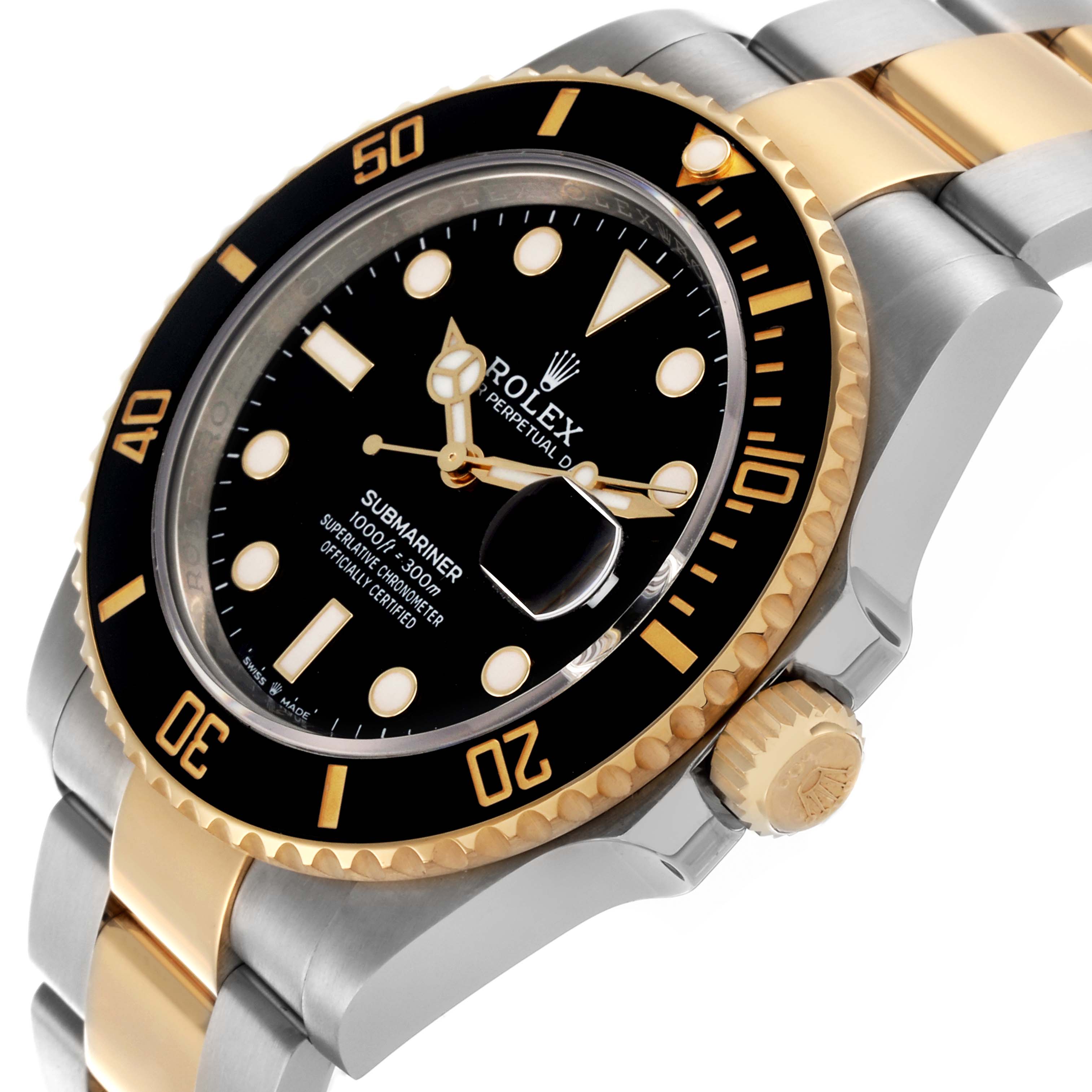 The image shows a side angle of the Rolex Submariner 126613LN Men's Steel and Gold (two tone) Black Dial 126613LN Men's Steel and Gold (two tone) Black Dial, highlighting its bezel and bracelet details.