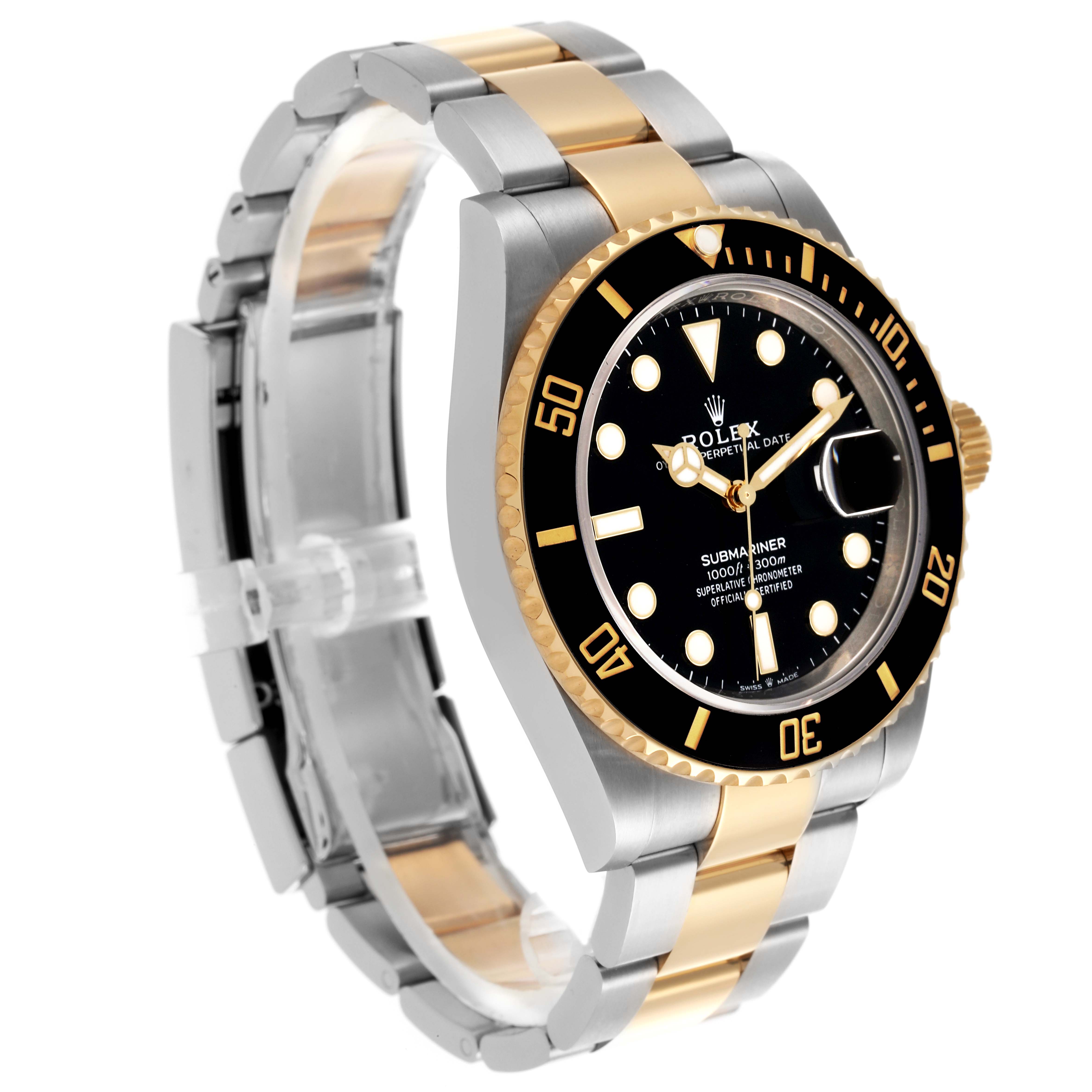 The Rolex Submariner 126613LN Men's Steel and Gold (two tone) Black Dial 126613LN Men's Steel and Gold (two tone) Black Dial watch shows a side angle highlighting the bezel, dial, crown, and two-tone bracelet.
