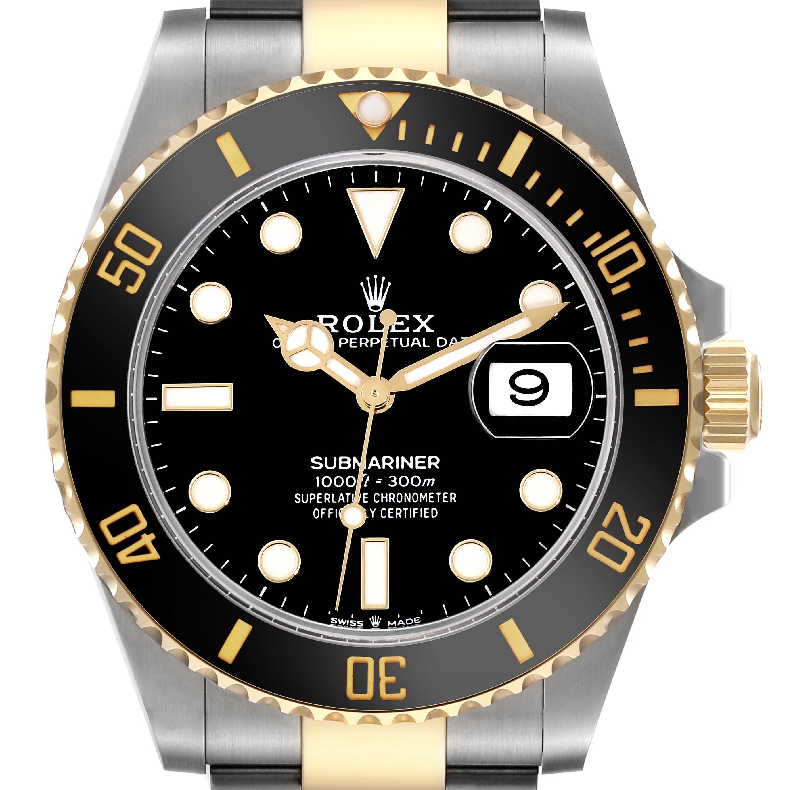The image shows a frontal view of a Rolex Submariner 126613LN Men's Steel and Gold (two tone) Black Dial 126613LN Men's Steel and Gold (two tone) Black Dial watch, highlighting the face, bezel, and part of the bracelet.