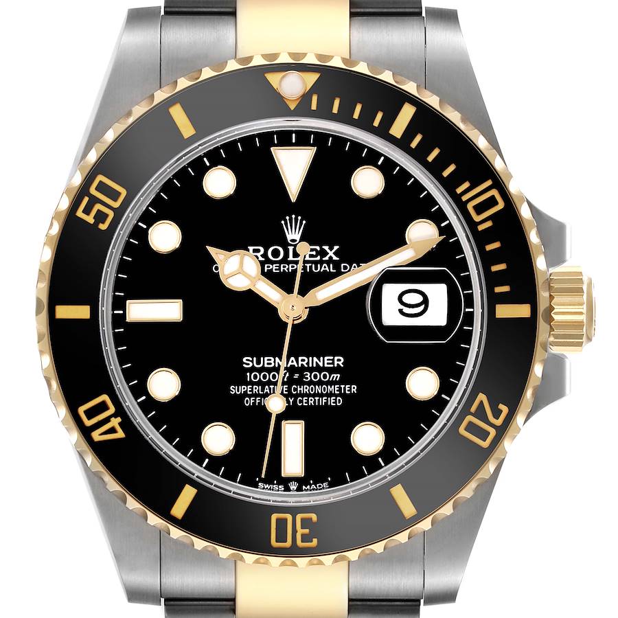 The image shows a frontal view of a Rolex Submariner watch, highlighting the face, bezel, and part of the bracelet.