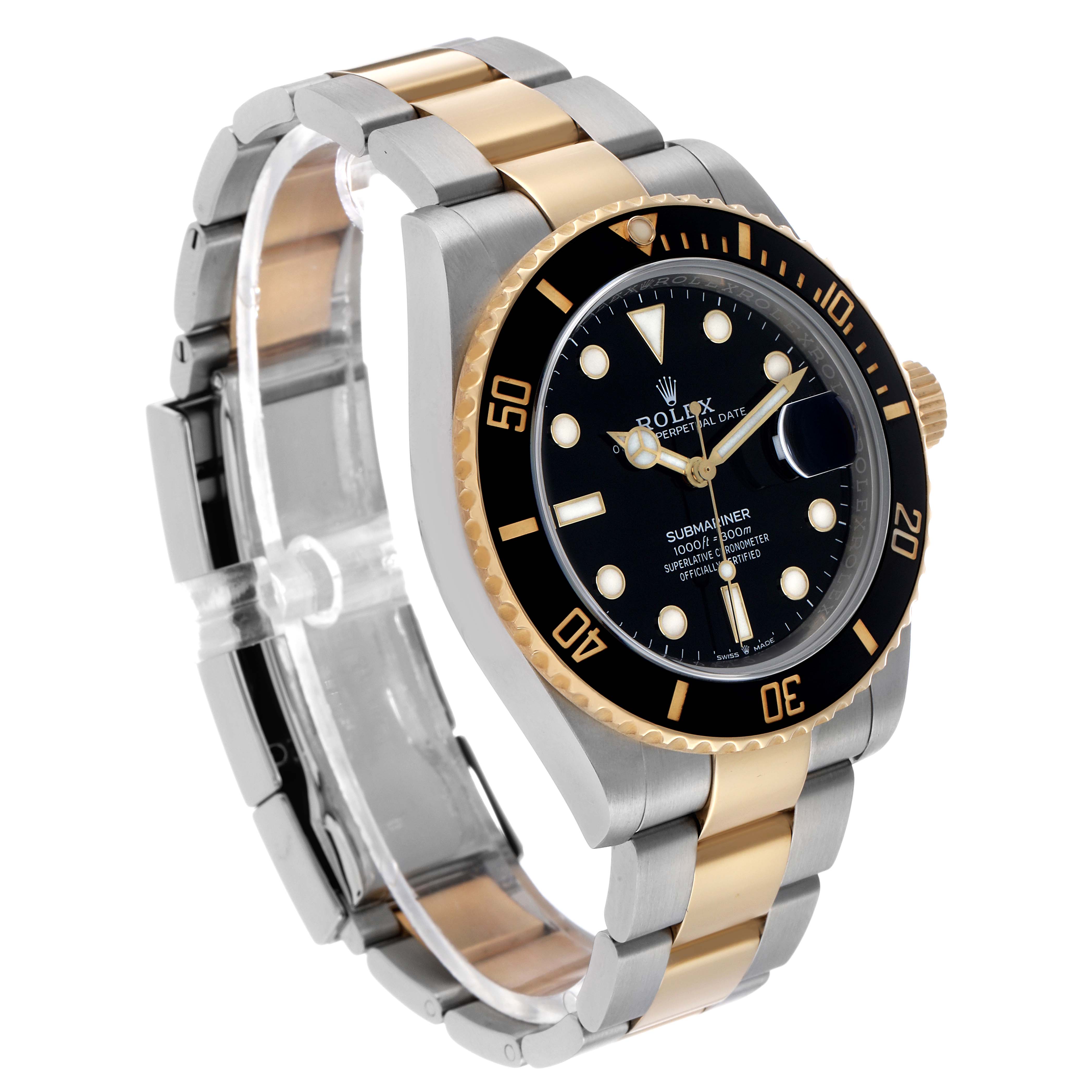 The Rolex Submariner 126613 Men's Steel and Gold (two tone) Black Dial watch is shown at a three-quarter angle, displaying its black dial, bezel, gold and silver bracelet links.