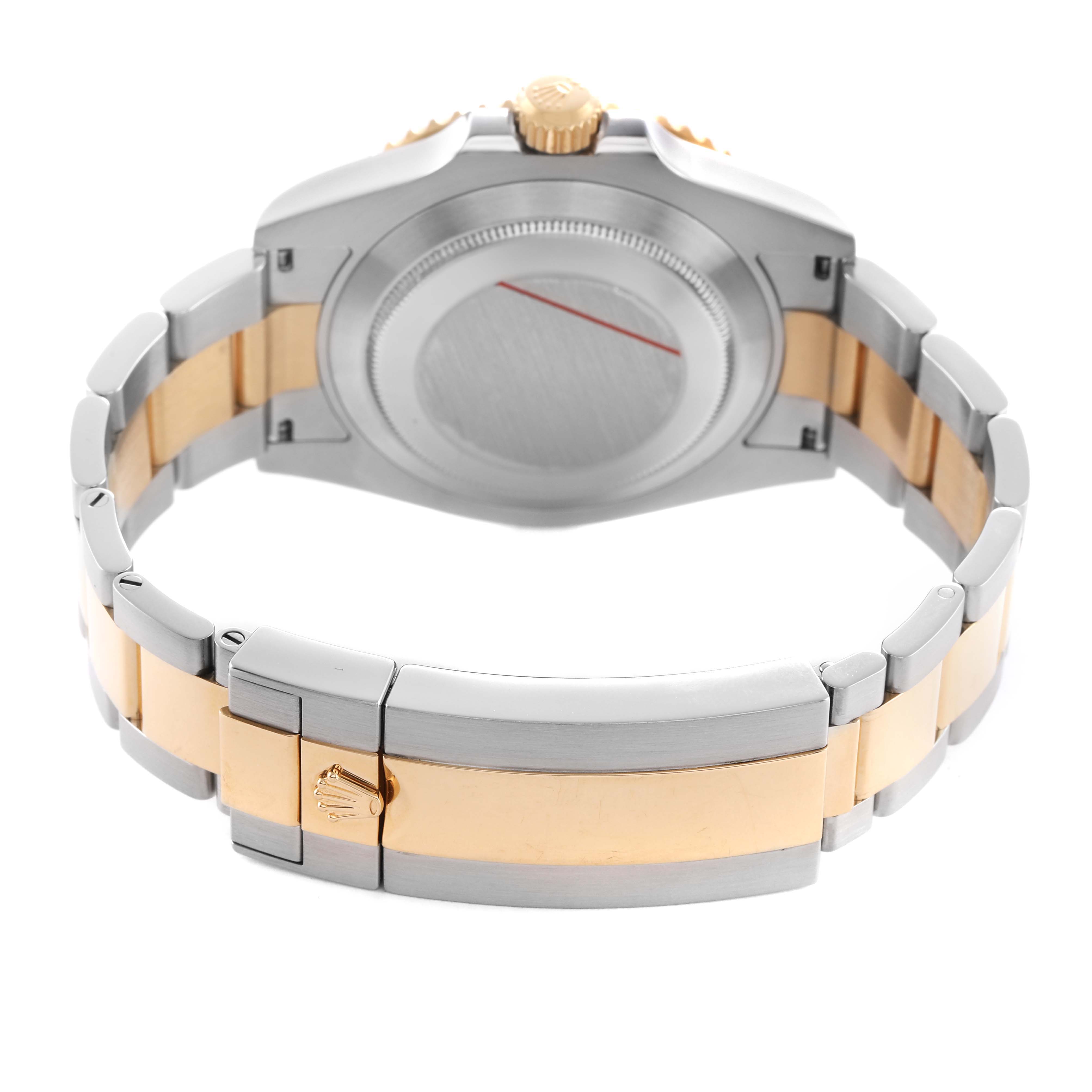 The image shows the back view of a Rolex Submariner 126613 Men's Steel and Gold (two tone) Black Dial, highlighting the clasp and two-tone bracelet.