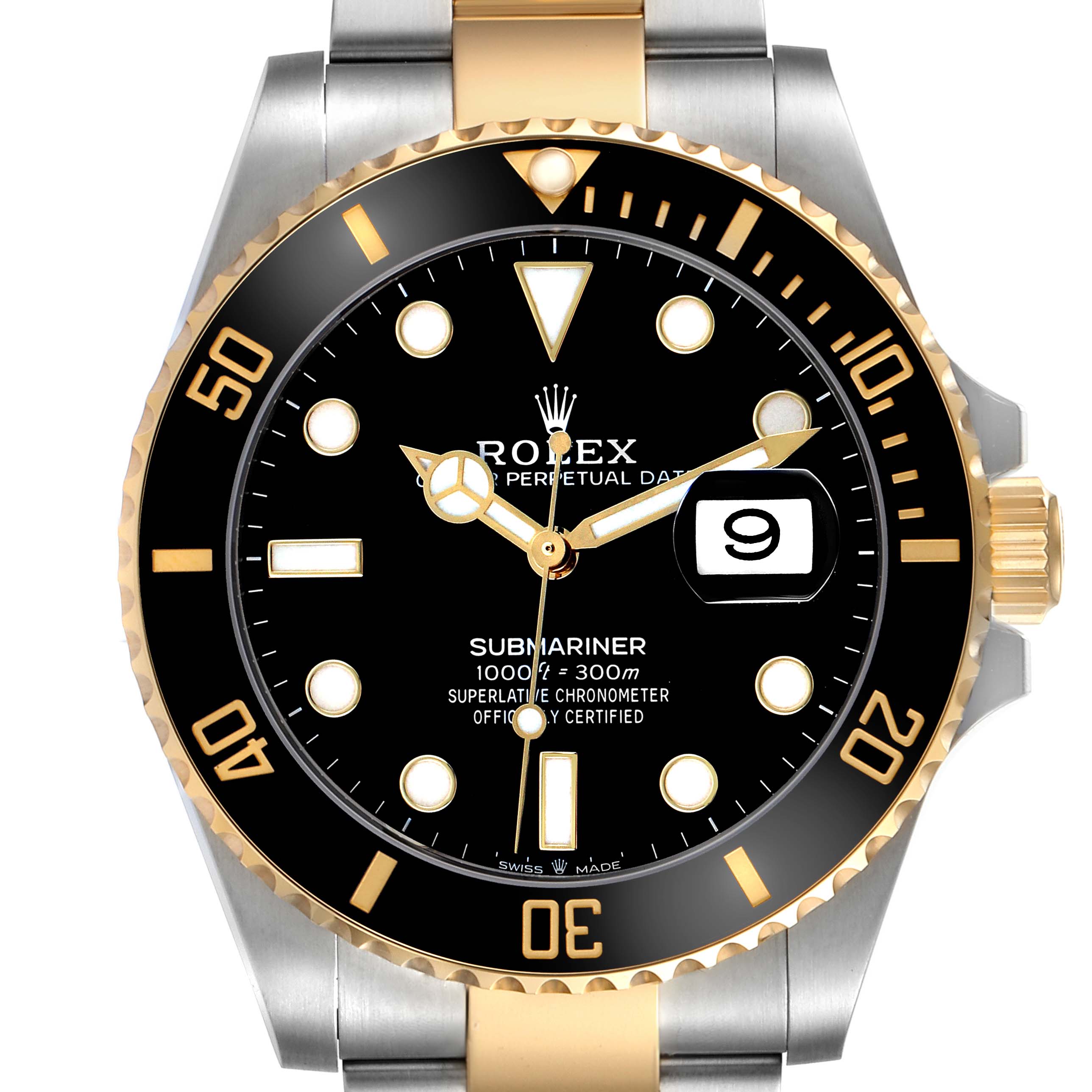 The image shows a front view of a Rolex Submariner 126613 Men's Steel and Gold (two tone) Black Dial, highlighting the black dial, date window, and two-tone bracelet.