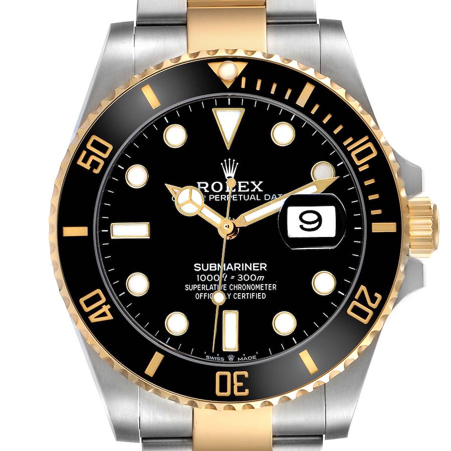 The image shows a front view of a Rolex Submariner 126613 Men's Steel and Gold (two tone) Black Dial, highlighting the black dial, date window, and two-tone bracelet.