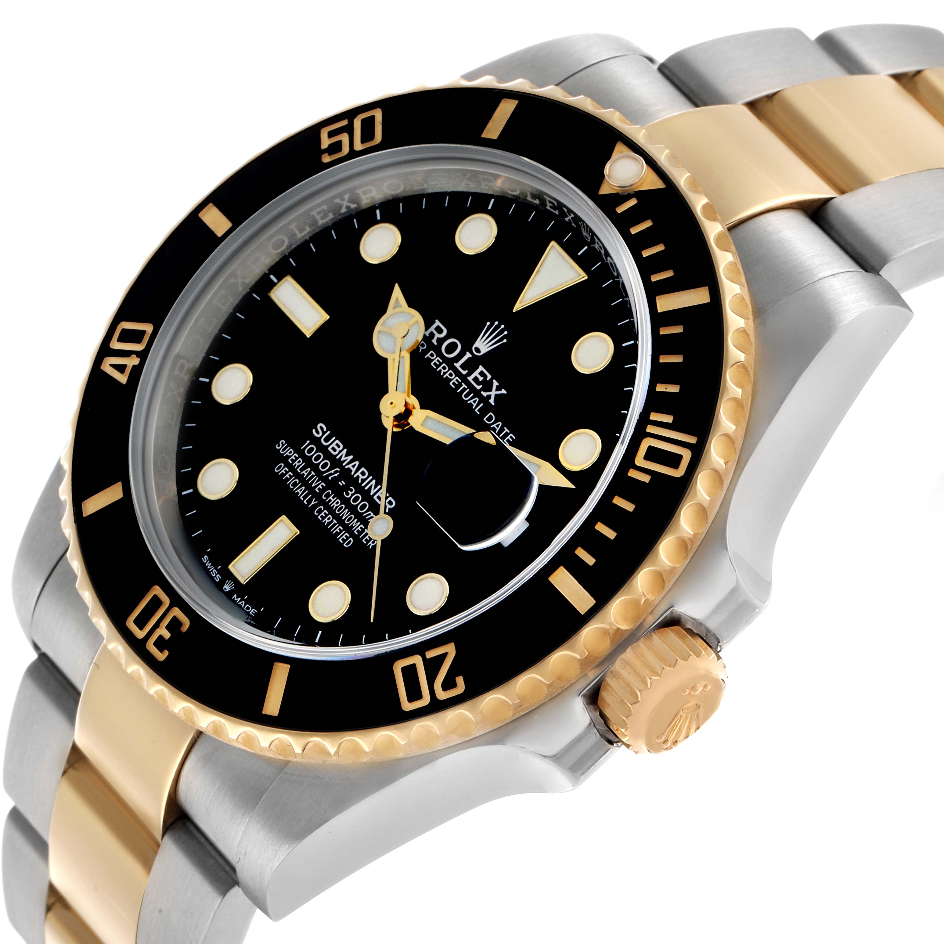 The Rolex Submariner 126613 Men's Steel and Gold (two tone) Black Dial is shown at an angled view highlighting its bezel, dial, crown, and two-tone bracelet.