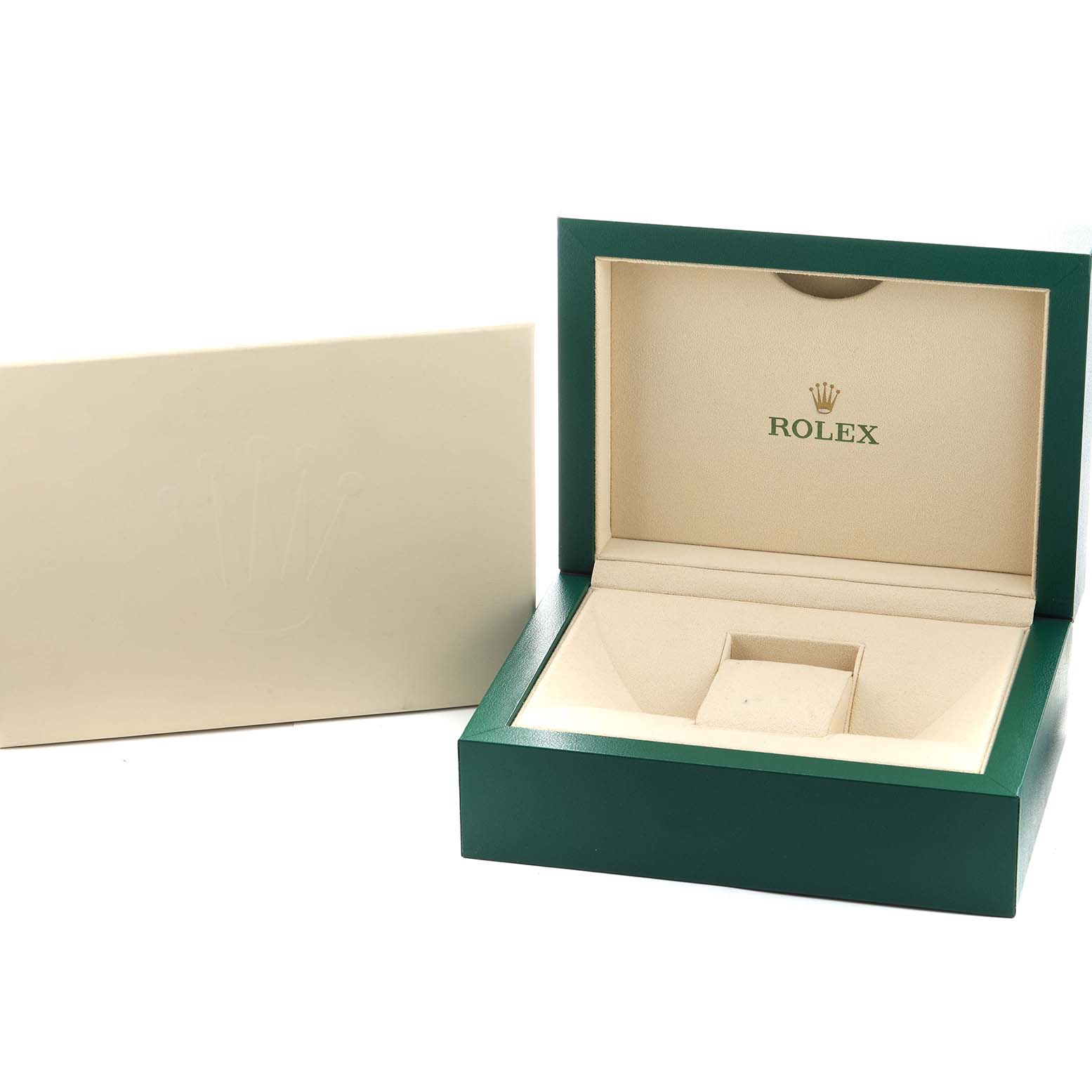 The image shows an open green Rolex Submariner 126613 Men's Steel and Gold (two tone) Black Dial box with its beige interior, alongside a beige outer box.