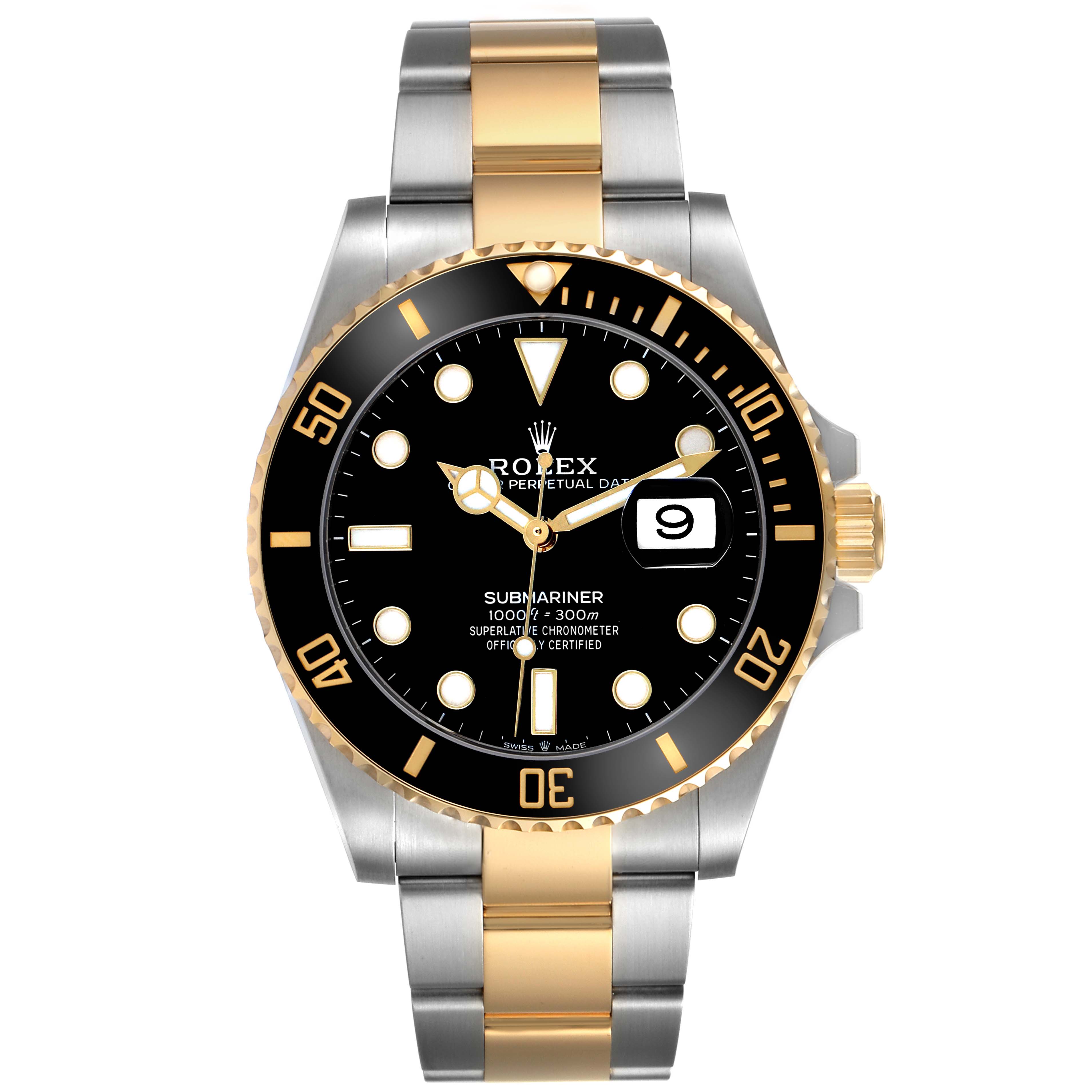 The Rolex Submariner 126613 Men's Steel and Gold (two tone) Black Dial watch is shown from the front, displaying its black dial, gold and silver bracelet, and rotatable bezel.