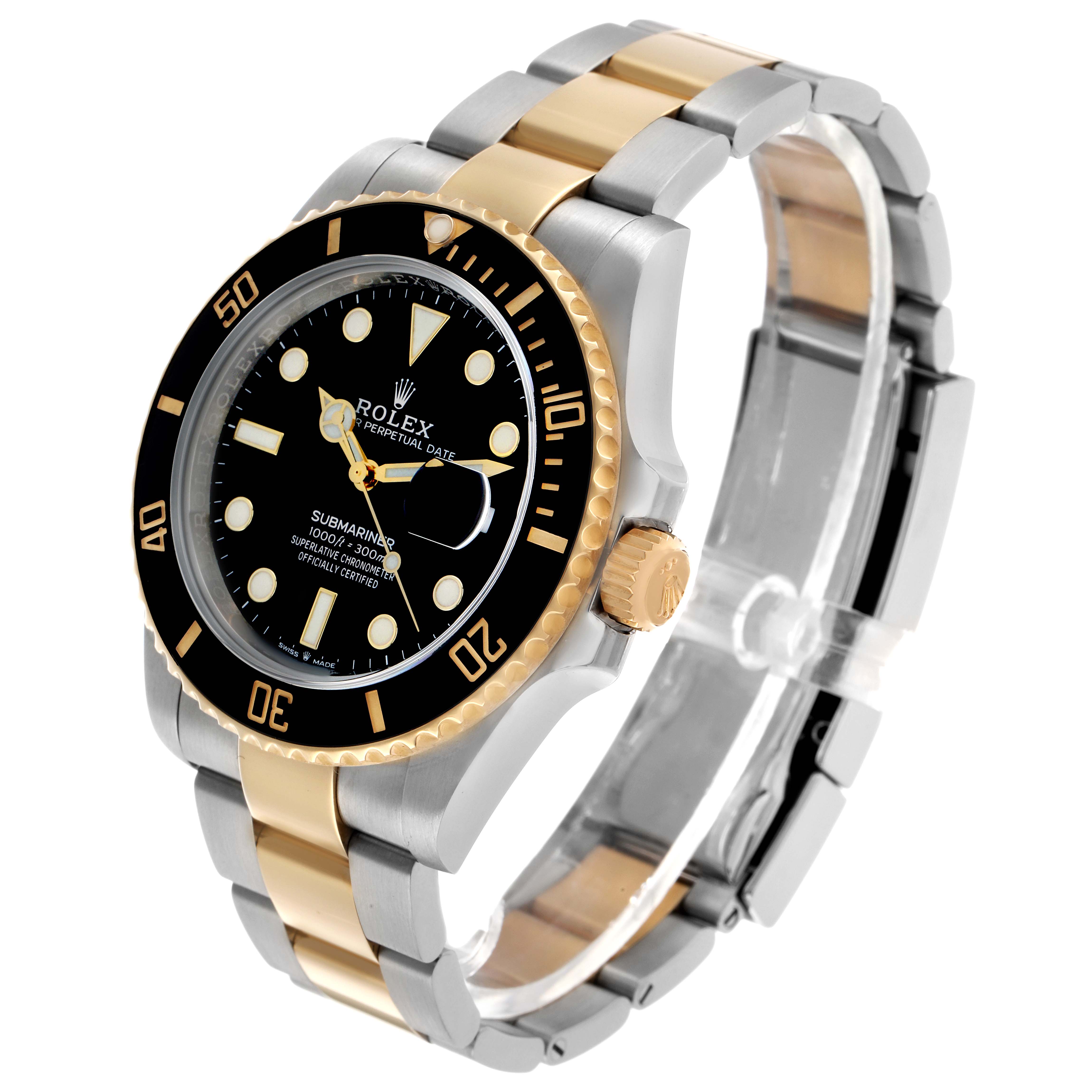 The Rolex Submariner 126613 Men's Steel and Gold (two tone) Black Dial watch is shown at an angle highlighting the face, bezel, crown, and two-tone bracelet.