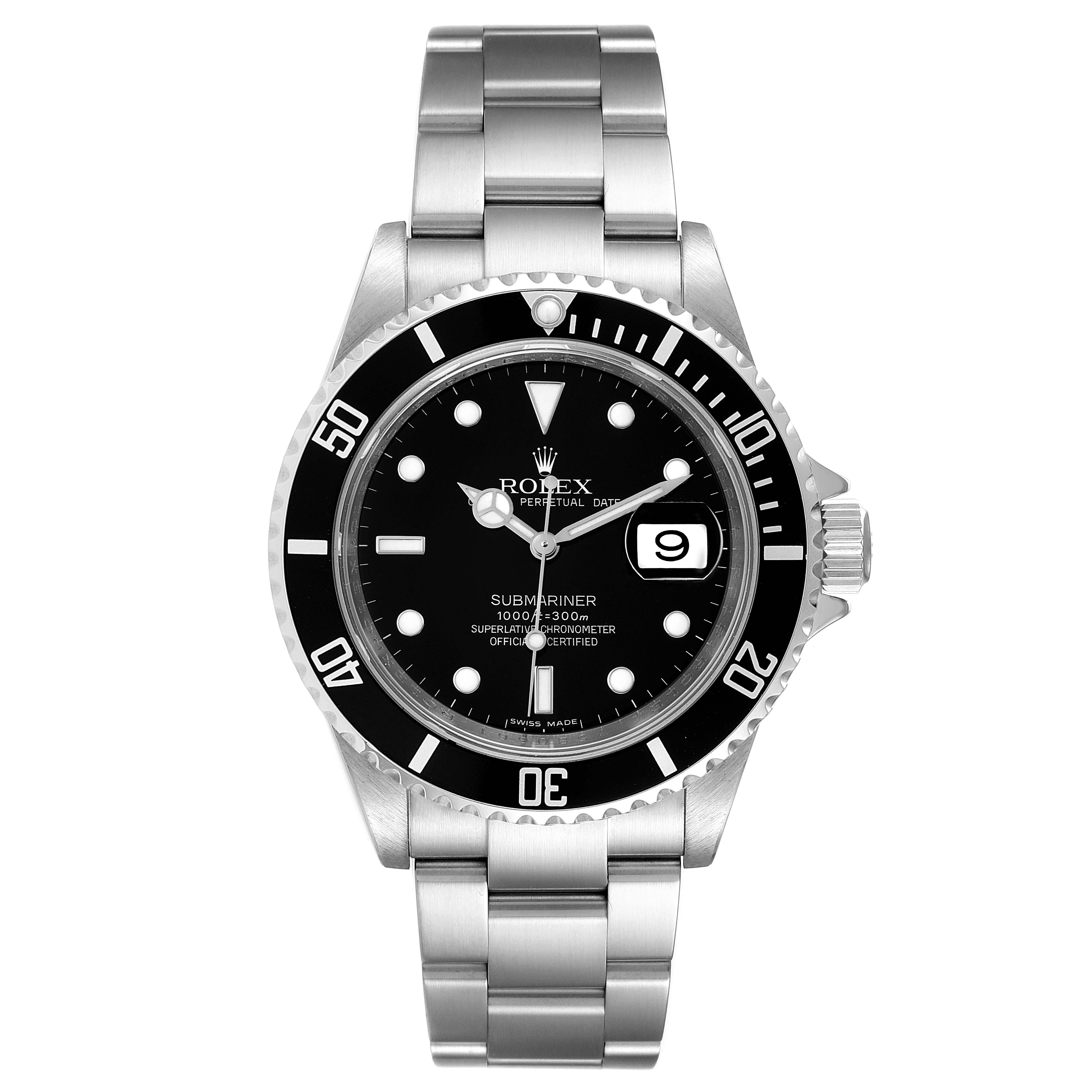 The image shows a frontal view of the Rolex Submariner 16610 Men
s Stainless Steel Black Dial 16610 Men
s Stainless Steel Black Dial watch, highlighting the face, bezel, and bracelet.
