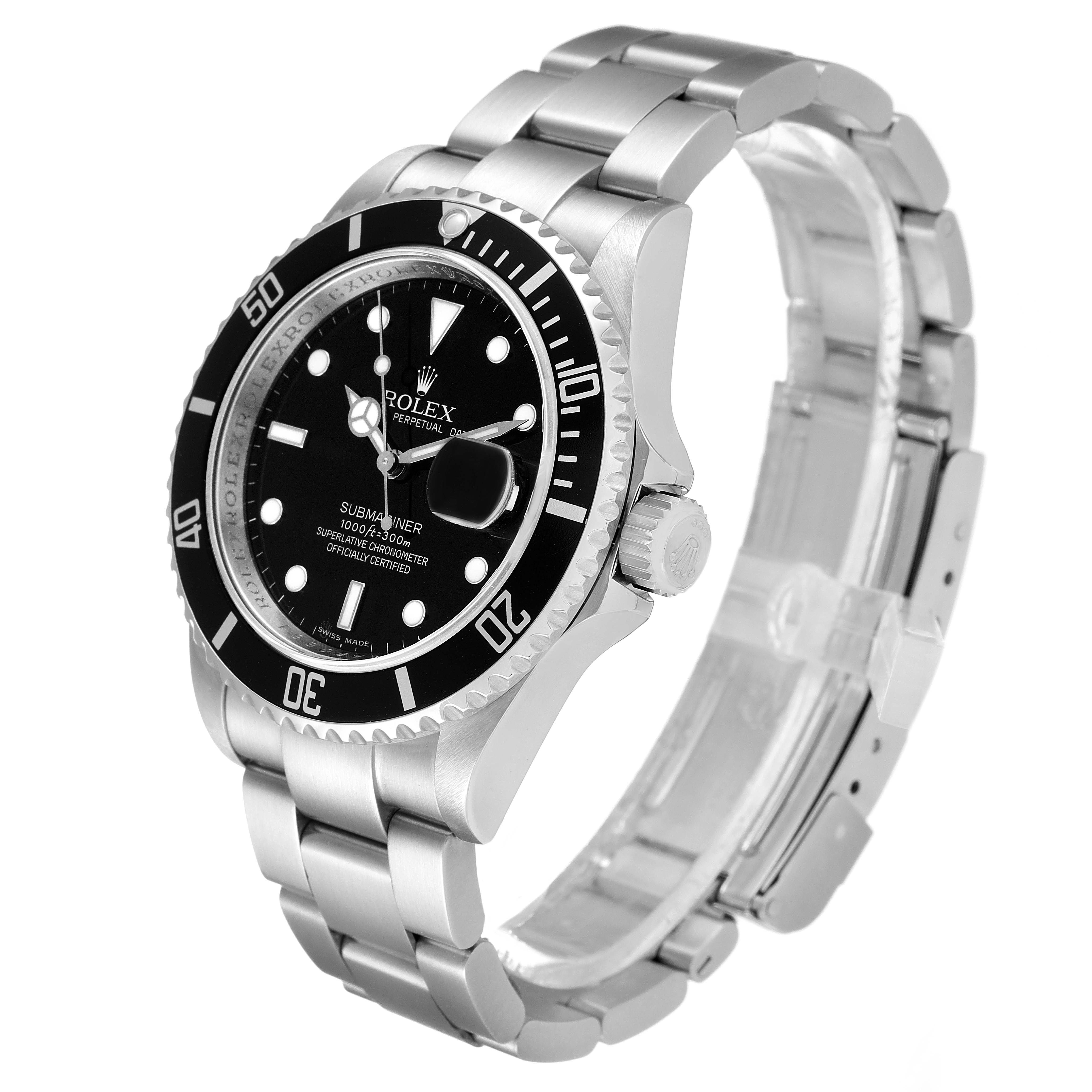 The Rolex Submariner 16610 Men
s Stainless Steel Black Dial 16610 Men
s Stainless Steel Black Dial watch is shown at an oblique angle, displaying the bracelet, bezel, crown, and dial.